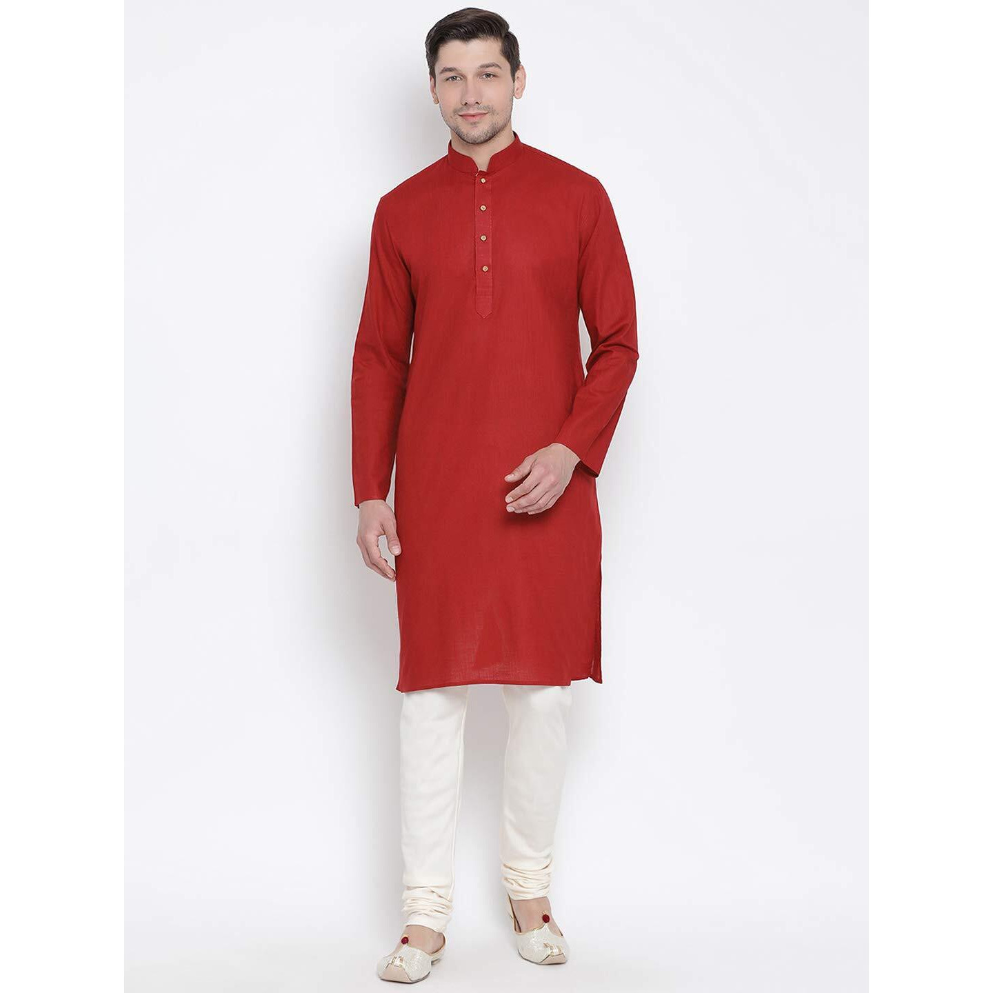 VASTRAMAY Men's Maroon Cotton Linen Blend Kurta Pyjama Set_VASMK007MAnPLBCR_38