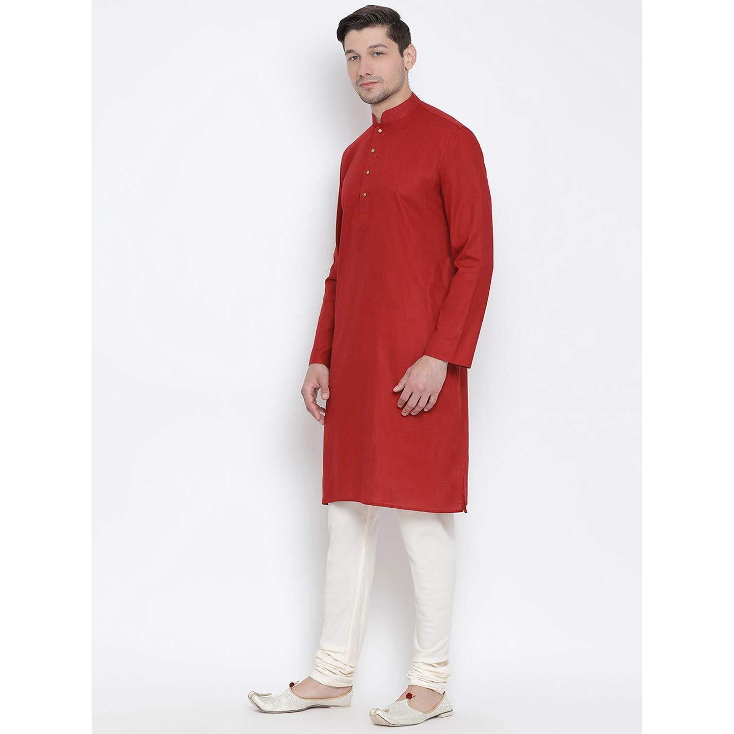 VASTRAMAY Men's Maroon Cotton Linen Blend Kurta Pyjama Set_VASMK007MAnPLBCR_38