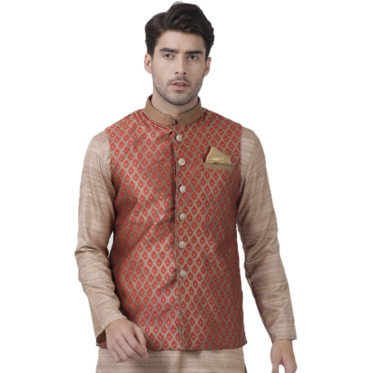 VASTRAMAY Men's Maroon Cotton Silk Blend Ethnic Jacket_VASMJ025MA_46