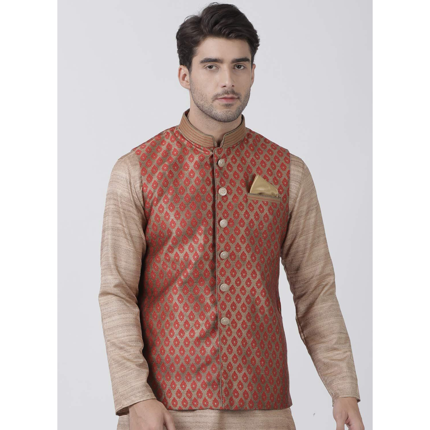 VASTRAMAY Men's Maroon Cotton Silk Blend Ethnic Jacket_VASMJ025MA_46