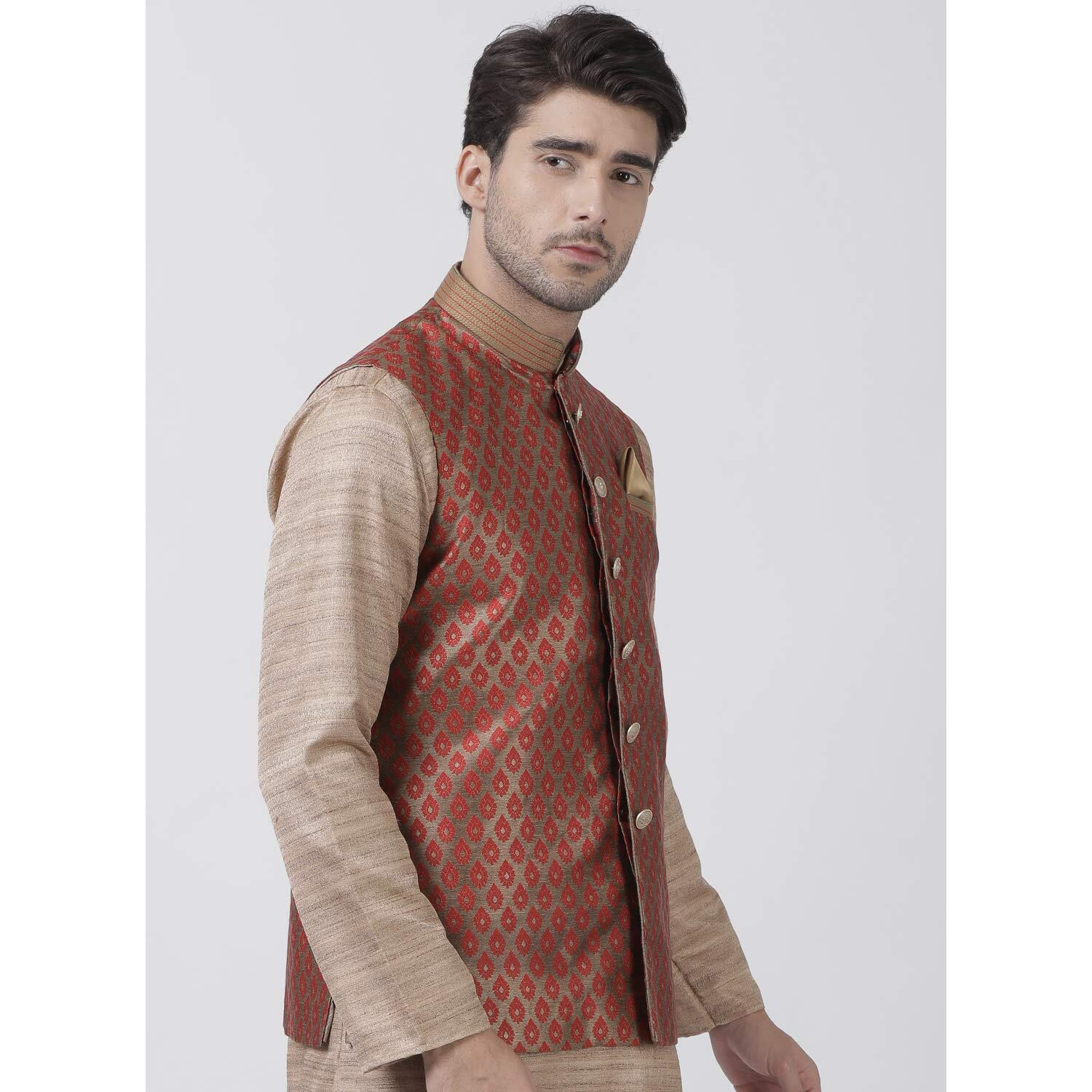 VASTRAMAY Men's Maroon Cotton Silk Blend Ethnic Jacket_VASMJ025MA_46