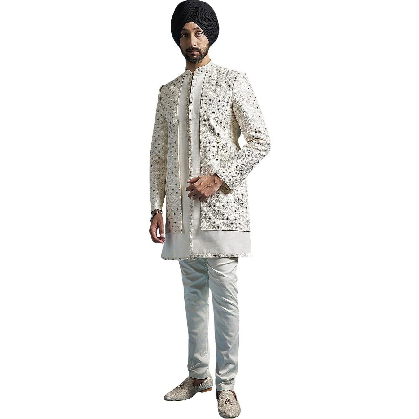 VASTRAMAY Men's Cream Silk Blend Sherwani Set - Silk Blend Embroidered Sequiend Indo Western,And Pant Set