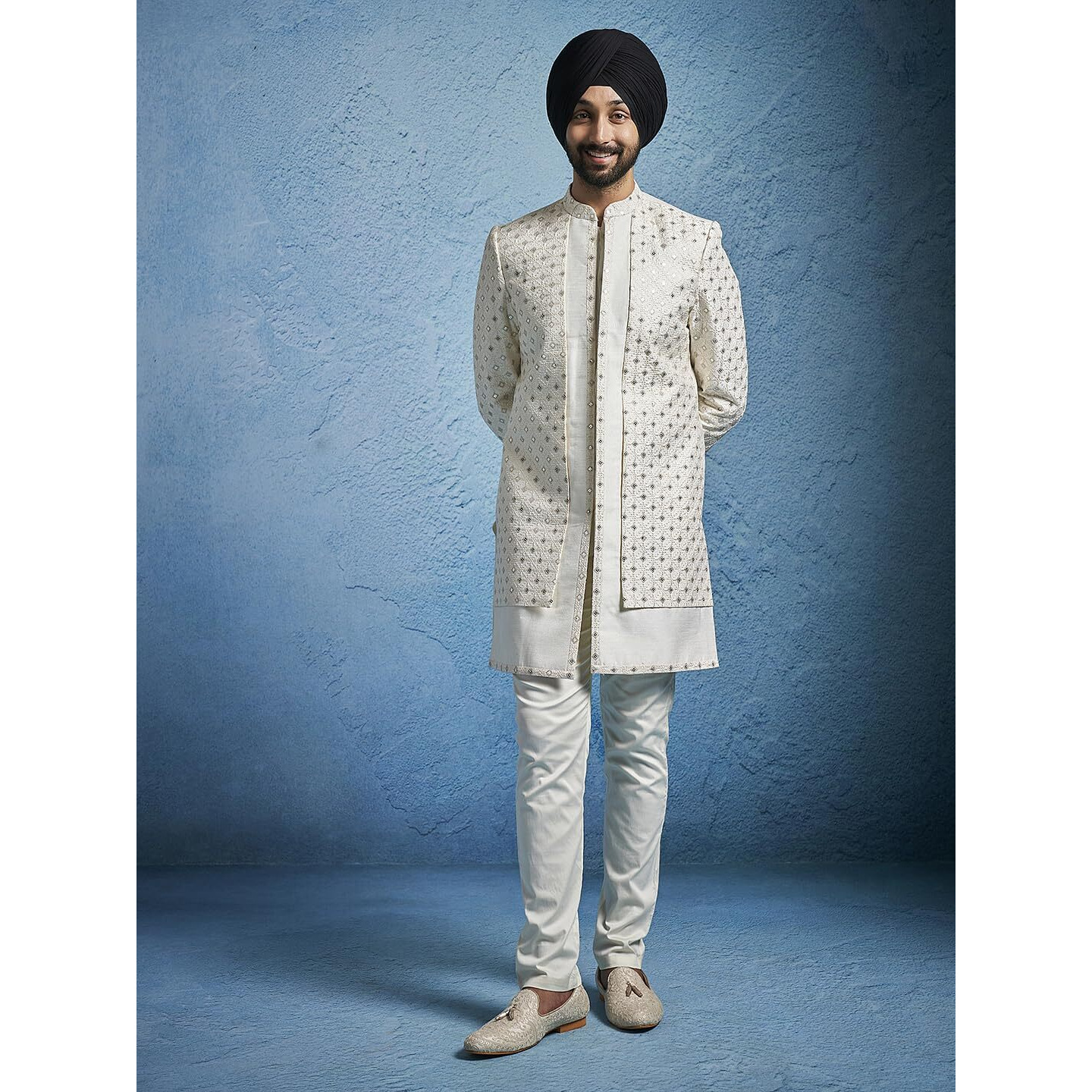 VASTRAMAY Men's Cream Silk Blend Sherwani Set - Silk Blend Embroidered Sequiend Indo Western,And Pant Set
