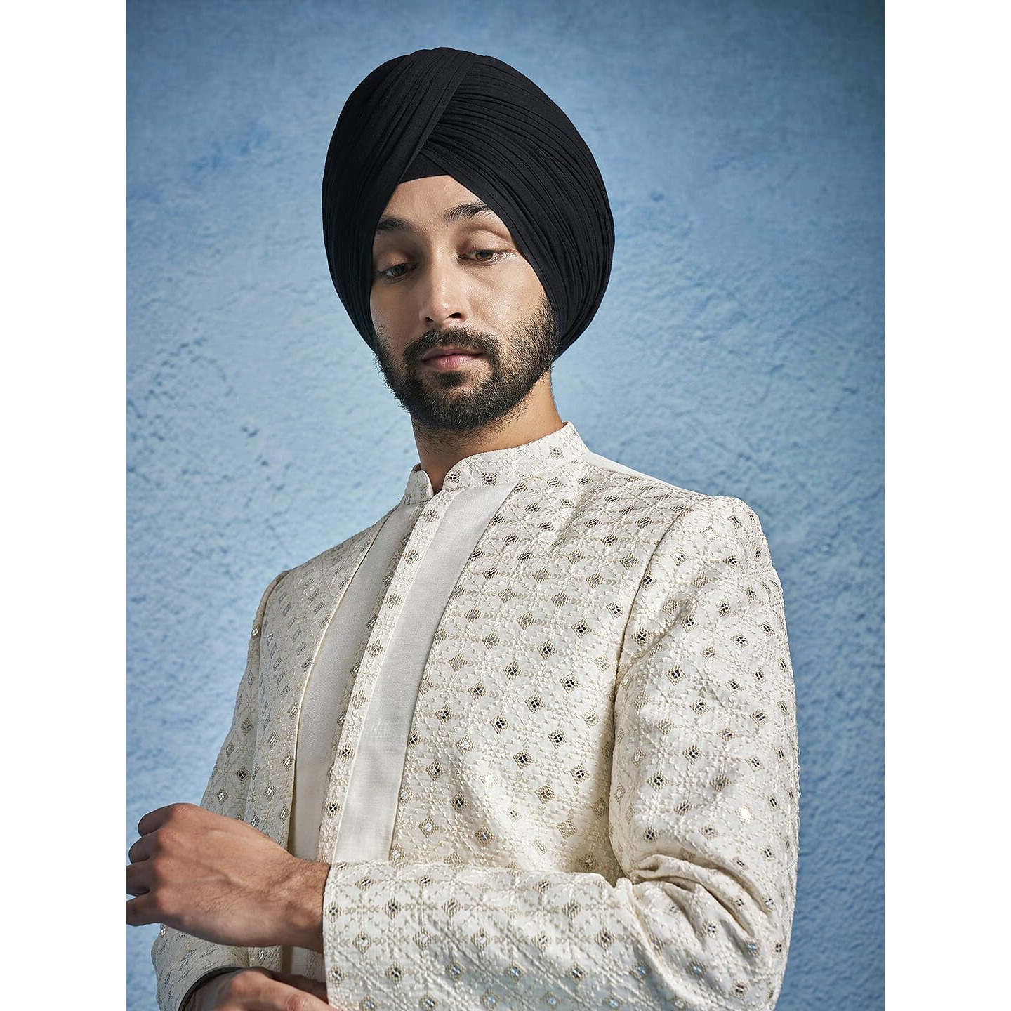 VASTRAMAY Men's Cream Silk Blend Sherwani Set - Silk Blend Embroidered Sequiend Indo Western,And Pant Set