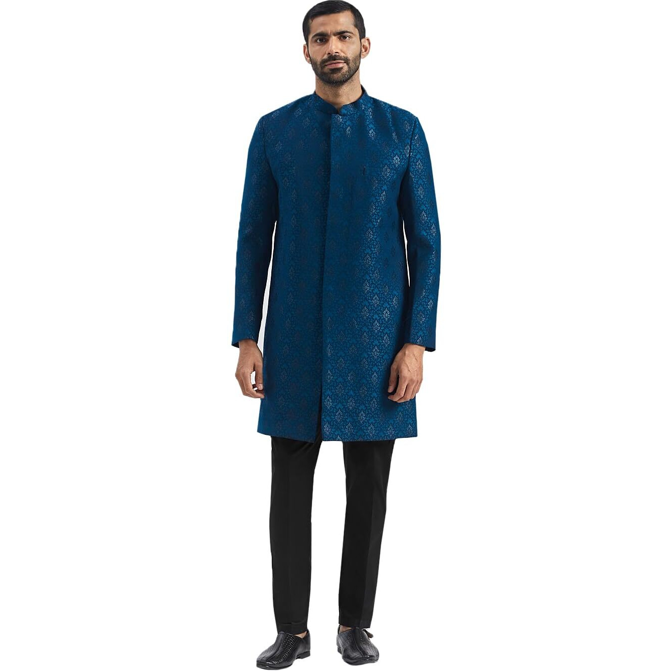 VASTRAMAY Men's Turquoise And Black Silk Blend Sherwani Set, Silk Blend Jacquard Indo Western With Pant style Pyjama for Men for Weddings & Festivals, Traditional Ethnic Wear Outfit