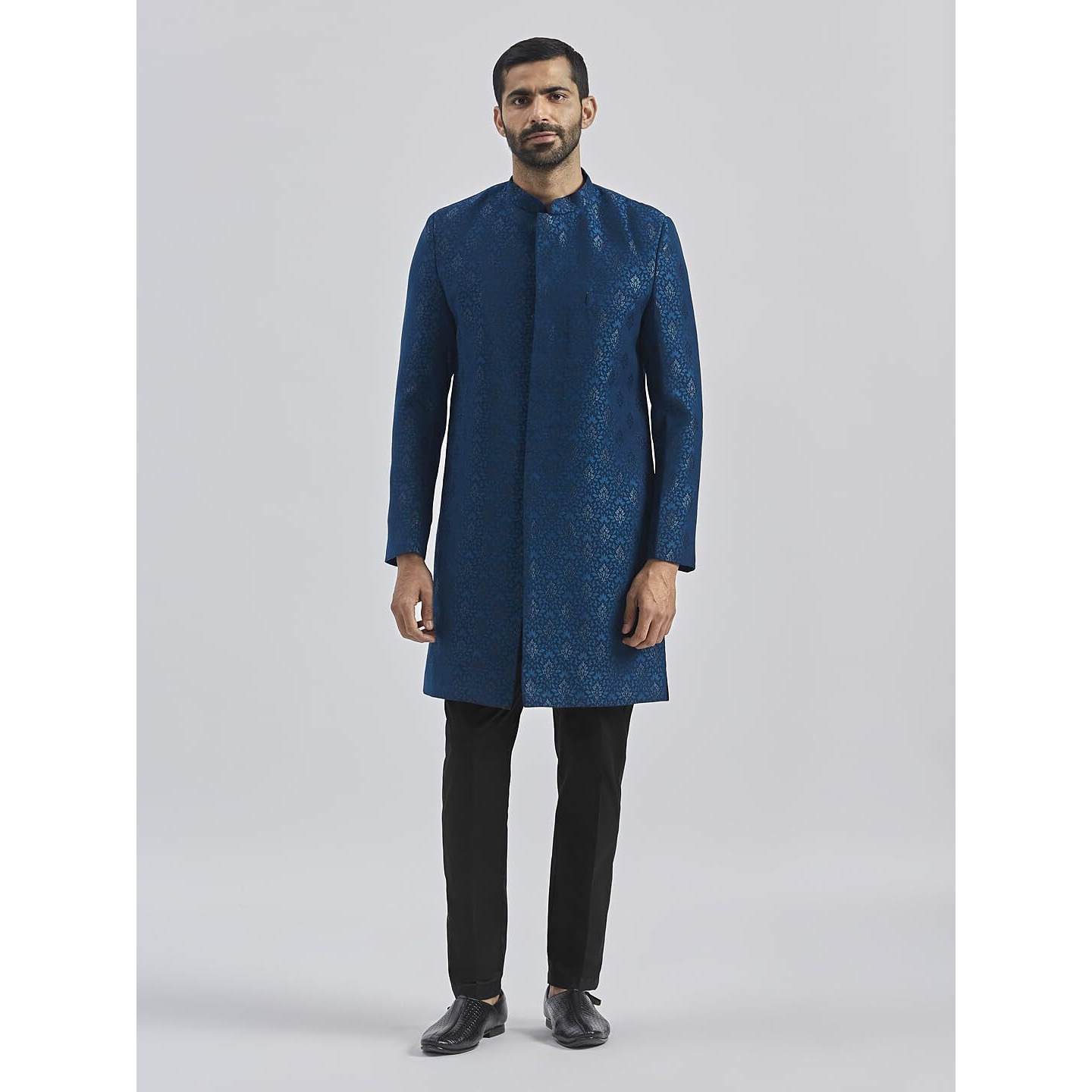 VASTRAMAY Men's Turquoise And Black Silk Blend Sherwani Set, Silk Blend Jacquard Indo Western With Pant style Pyjama for Men for Weddings & Festivals, Traditional Ethnic Wear Outfit