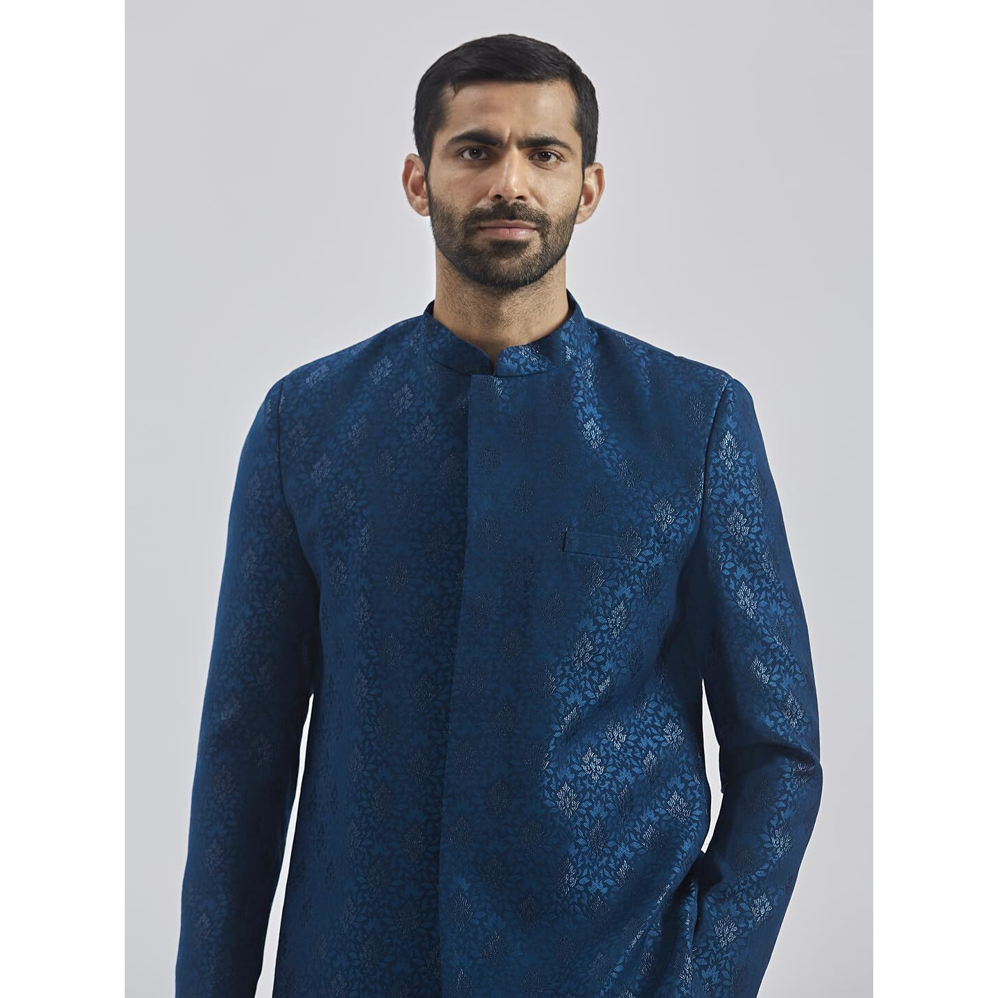 VASTRAMAY Men's Turquoise And Black Silk Blend Sherwani Set, Silk Blend Jacquard Indo Western With Pant style Pyjama for Men for Weddings & Festivals, Traditional Ethnic Wear Outfit