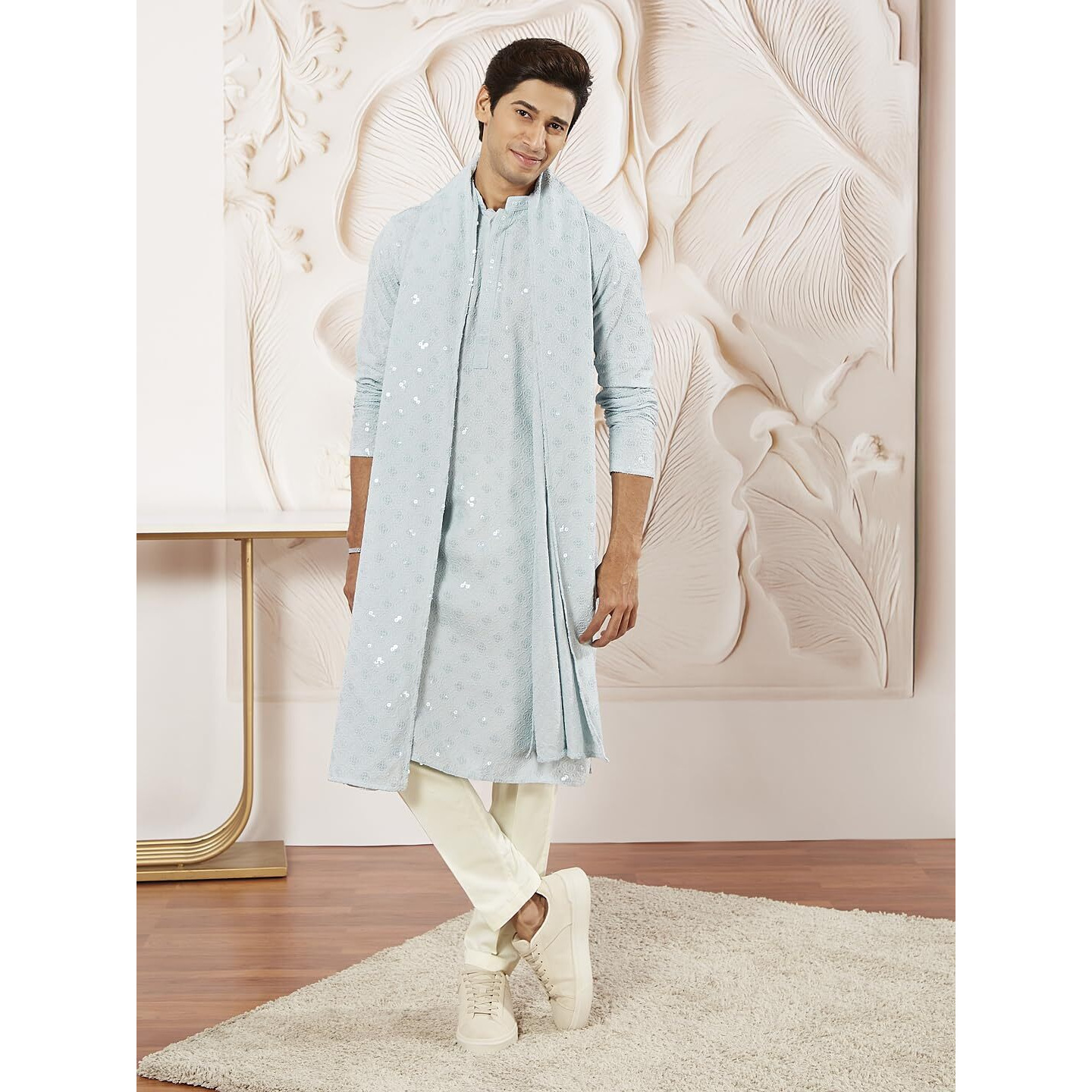 VASTRAMAY Men's Aqua Rayon Kurta Pyjama And Dupatta Set - Rayon Schiffily Embroidery Kurta Pyjama And Dupatta Set For Men.