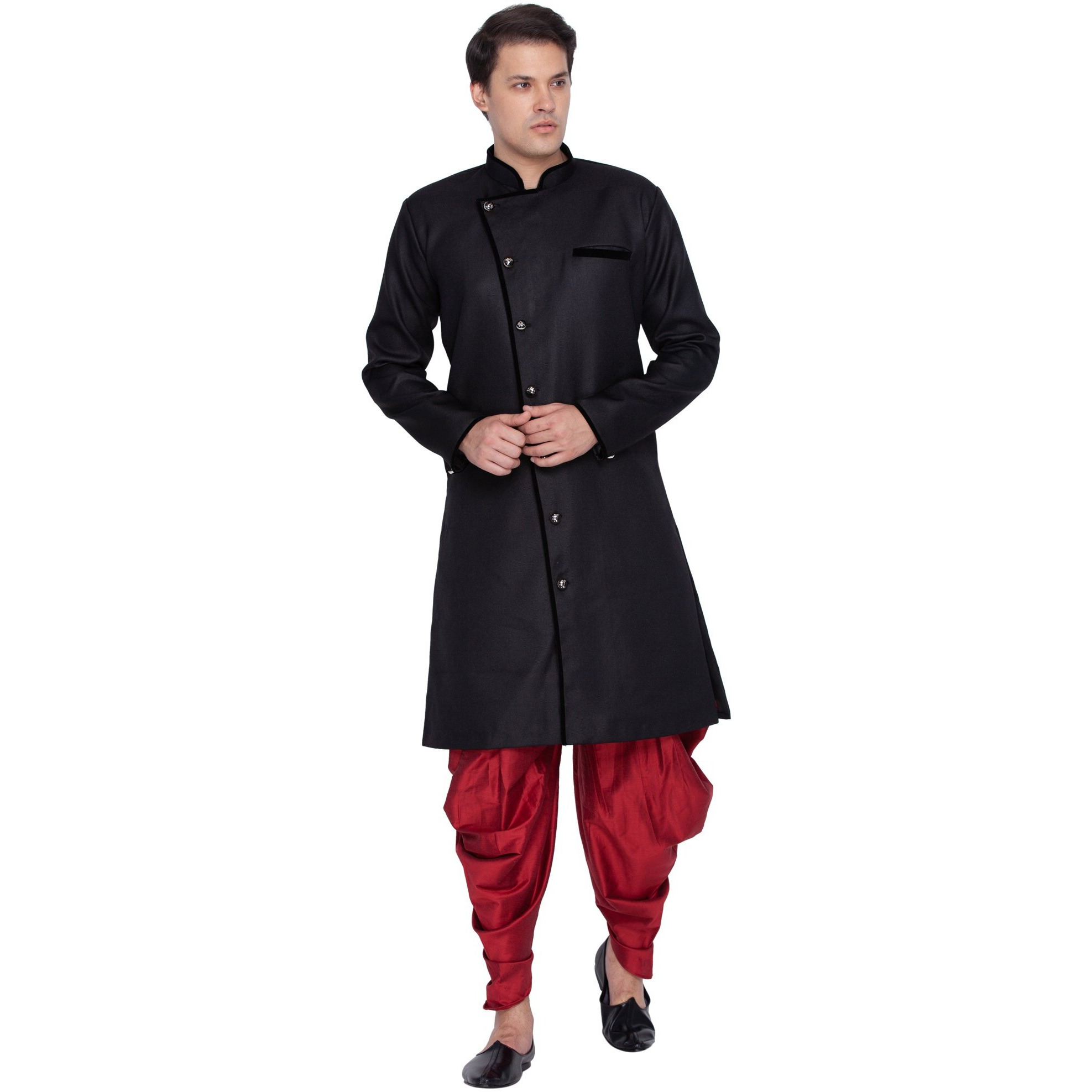 VASTRAMAY Men Cotton Sherwani Style Kurta Set Ethnicwear (VASMSW120MA_46 Colour Black Size 46)