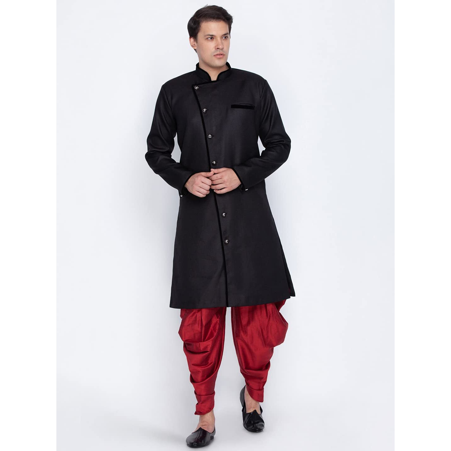 VASTRAMAY Men Cotton Sherwani Style Kurta Set Ethnicwear (VASMSW120MA_46 Colour Black Size 46)