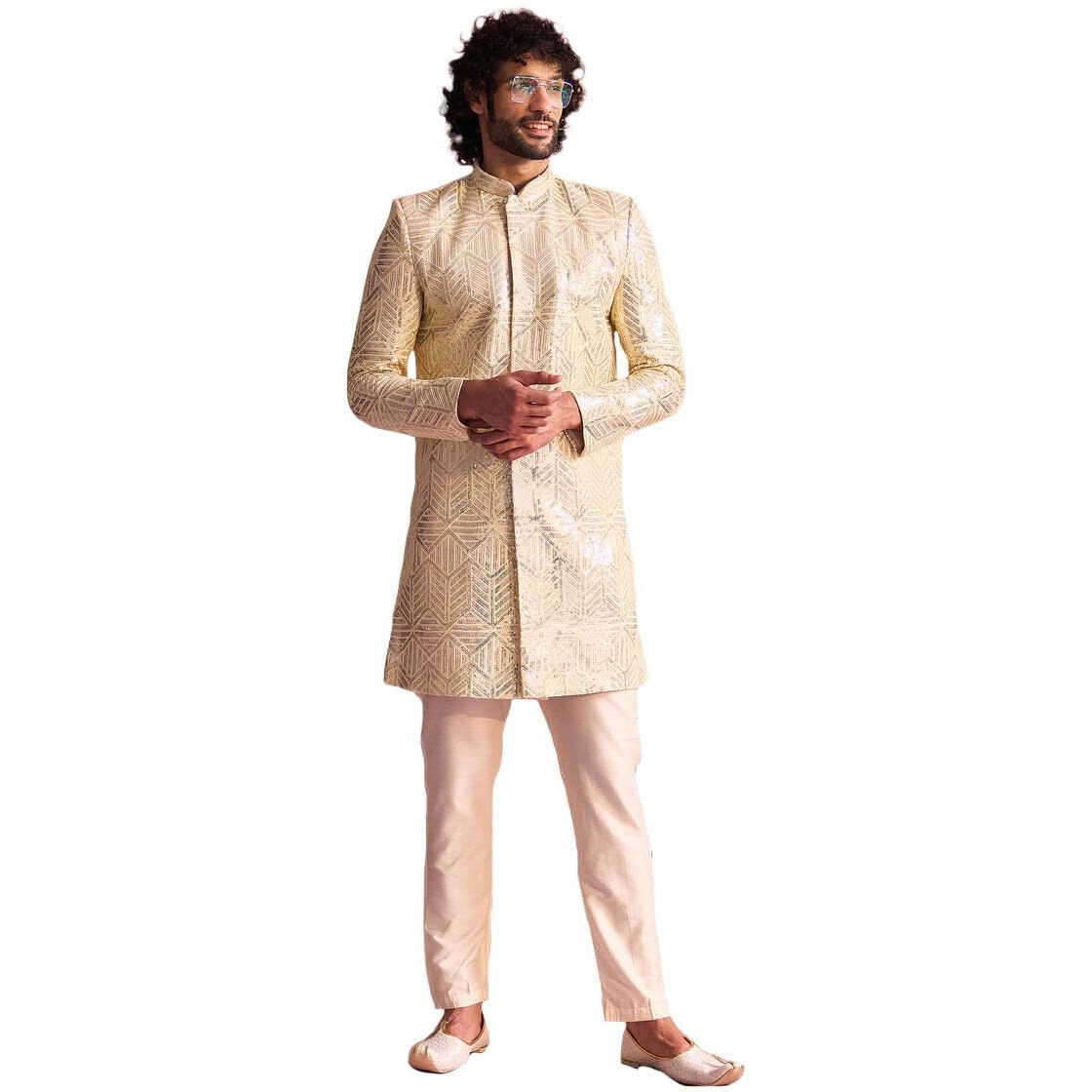 VASTRAMAY Men's Cream Georgette Sherwani Set_VSHRMIW245CRnPANT002CR_42