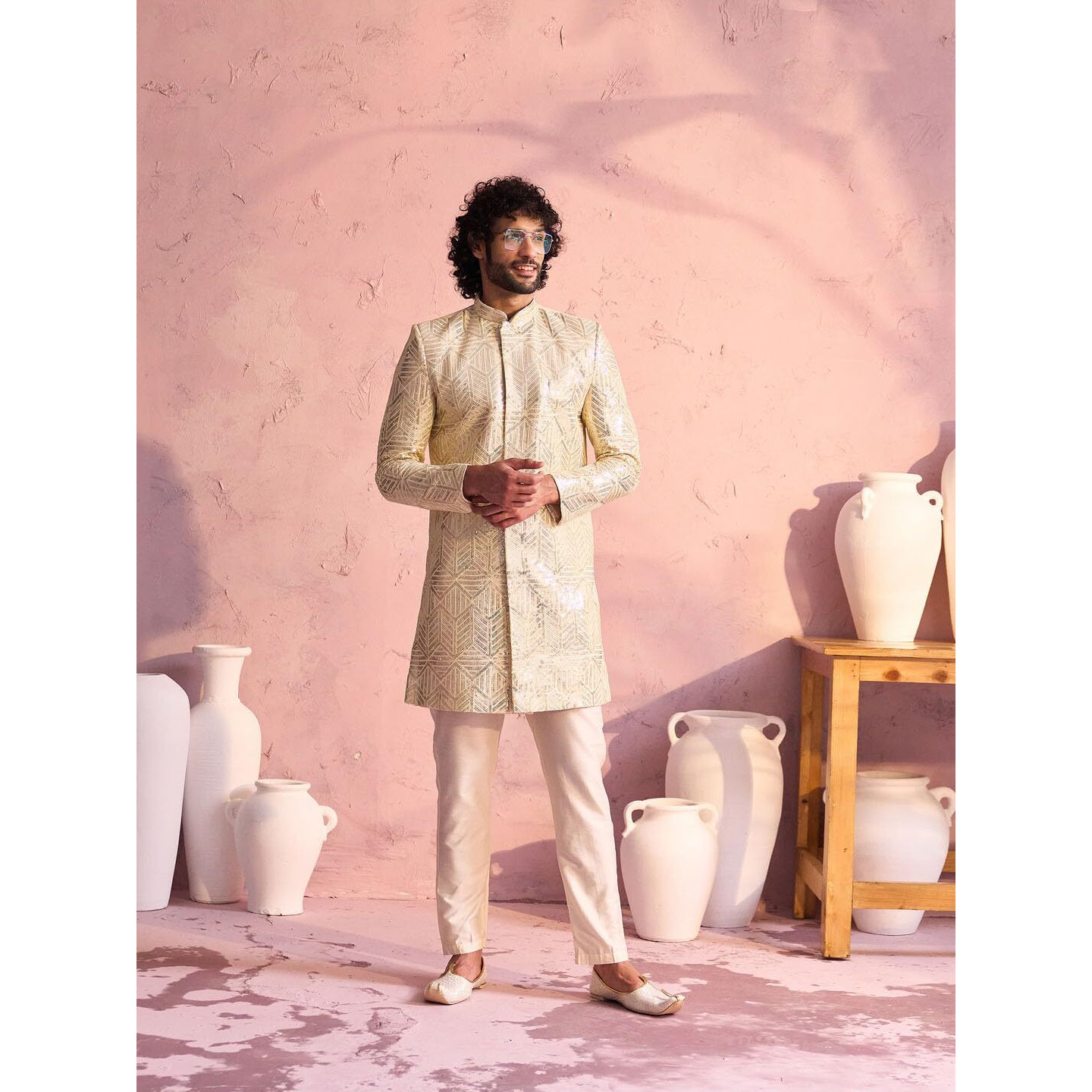 VASTRAMAY Men's Cream Georgette Sherwani Set_VSHRMIW245CRnPANT002CR_42