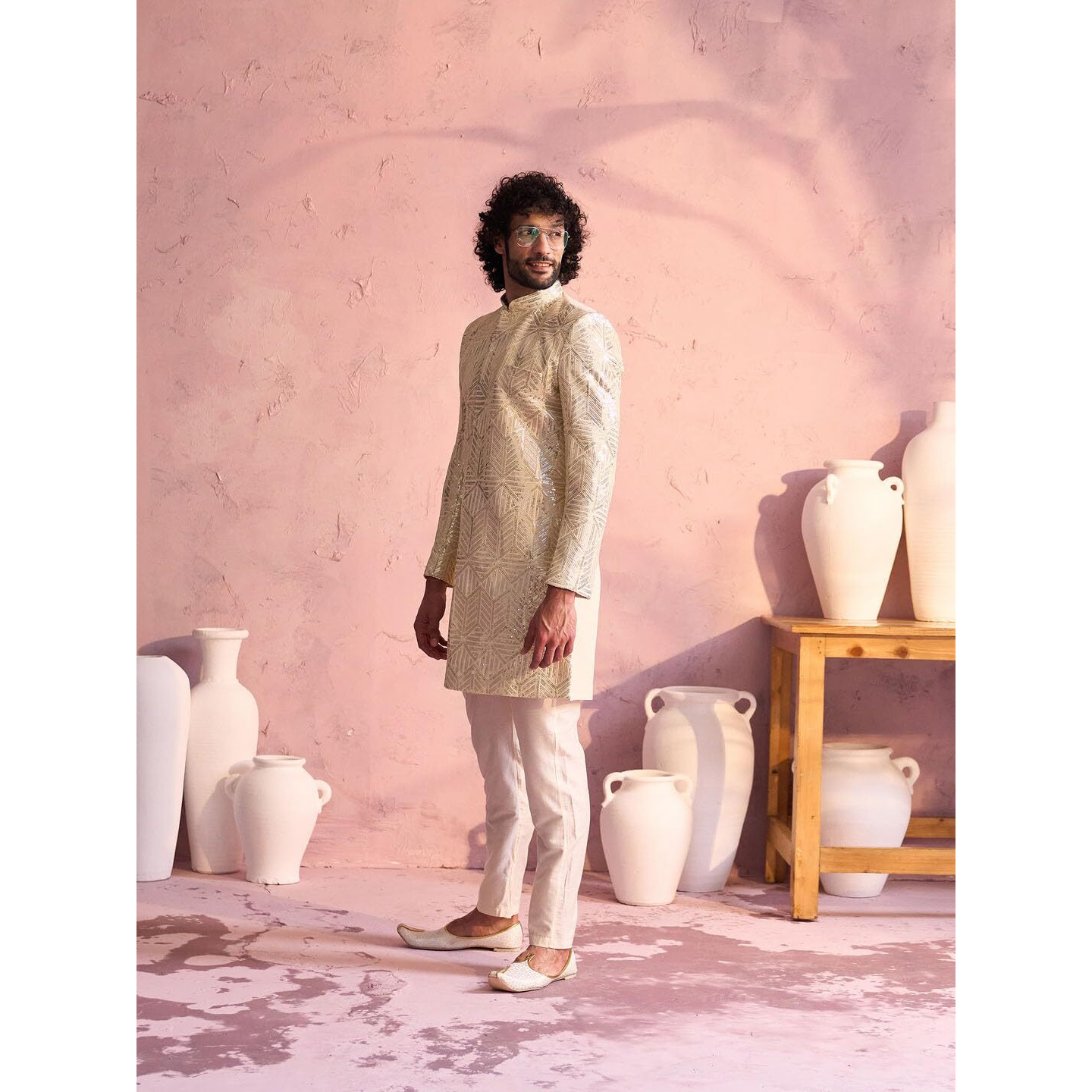 VASTRAMAY Men's Cream Georgette Sherwani Set_VSHRMIW245CRnPANT002CR_42