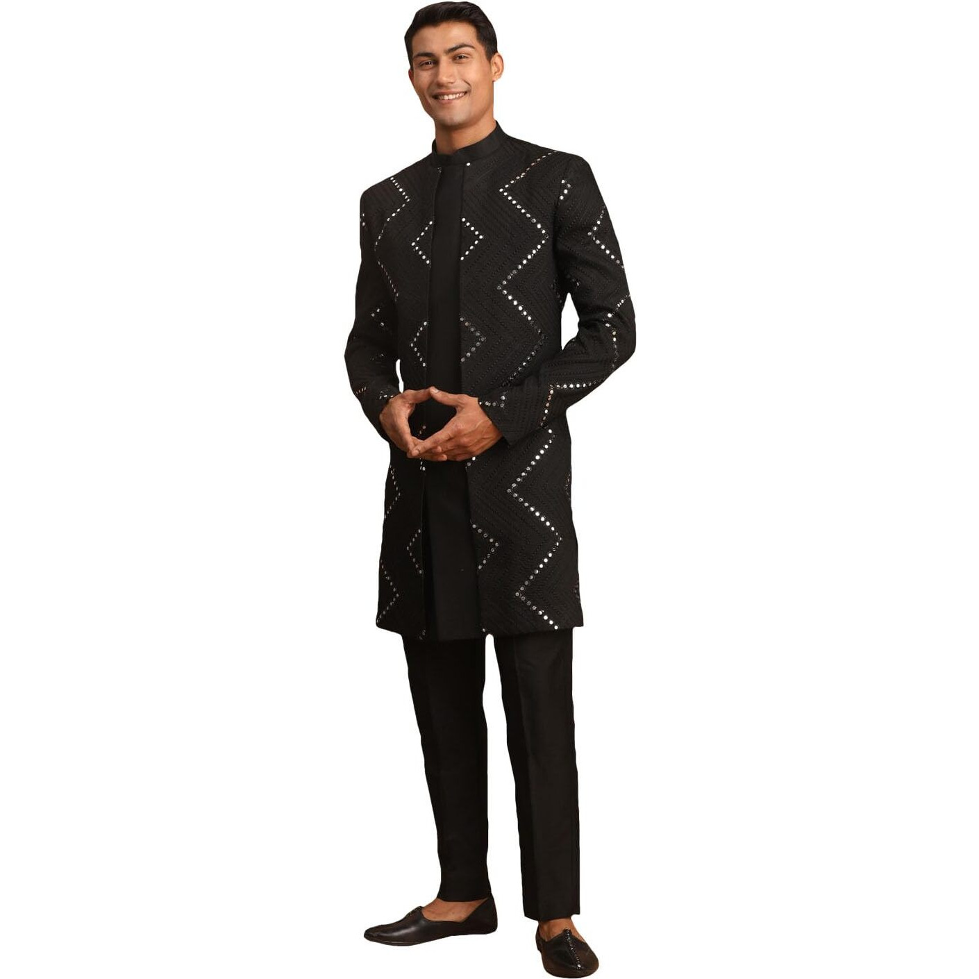 VASTRAMAY Men's Black Viscose Sherwani Set | Mirror work Embellished Viscose Indo Western And Pant Style Pyjama For Men.