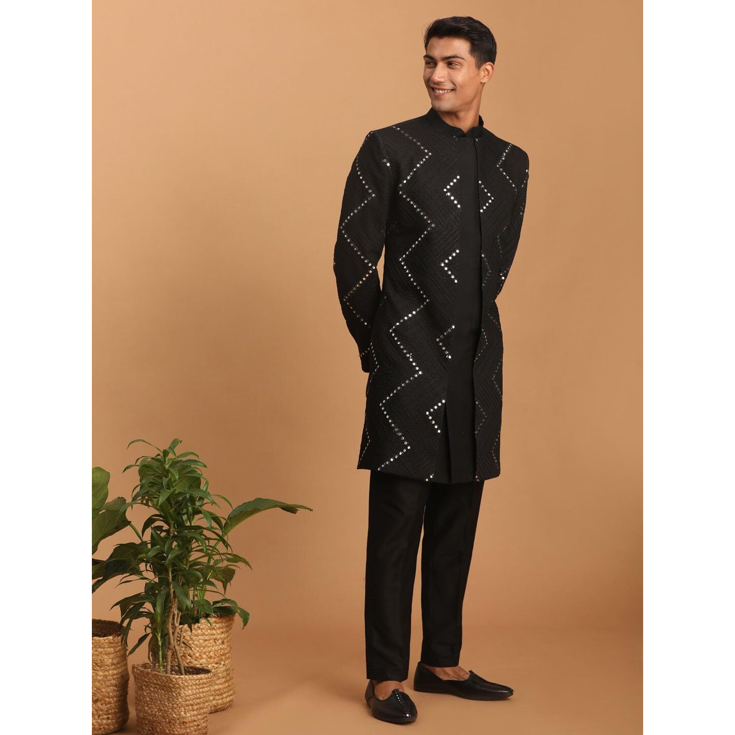 VASTRAMAY Men's Black Viscose Sherwani Set | Mirror work Embellished Viscose Indo Western And Pant Style Pyjama For Men.
