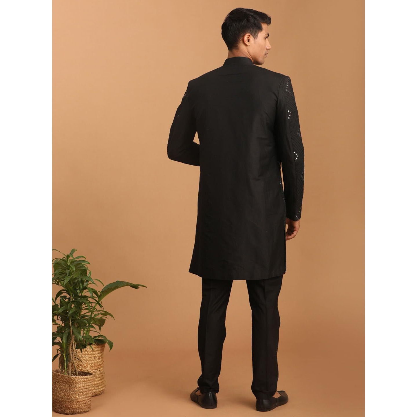 VASTRAMAY Men's Black Viscose Sherwani Set | Mirror work Embellished Viscose Indo Western And Pant Style Pyjama For Men.
