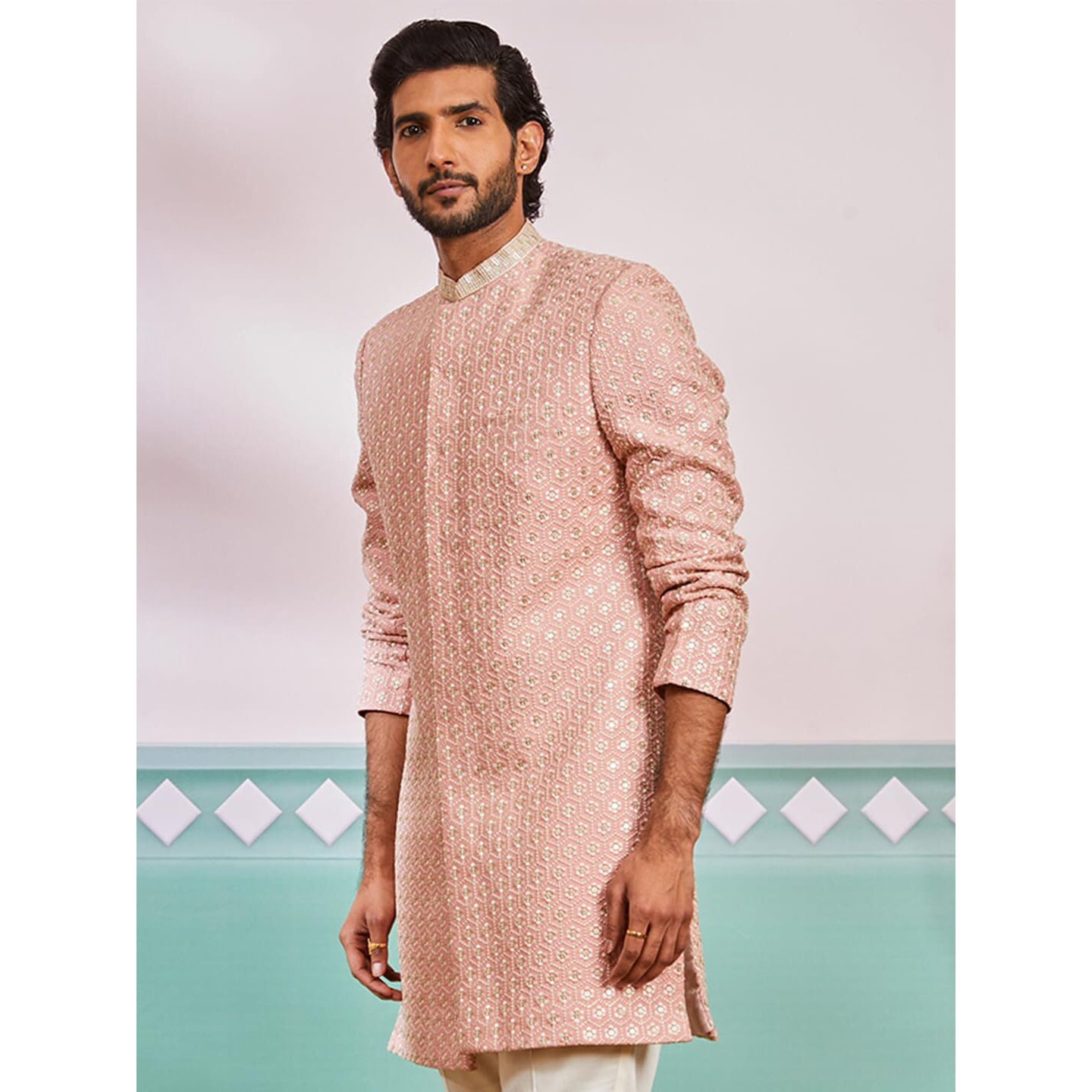 VASTRAMAY Men's Peach Rayon Indo Western - This men's embroidered kurta, pant set blends traditional craftsmanship with contemporary elegance.