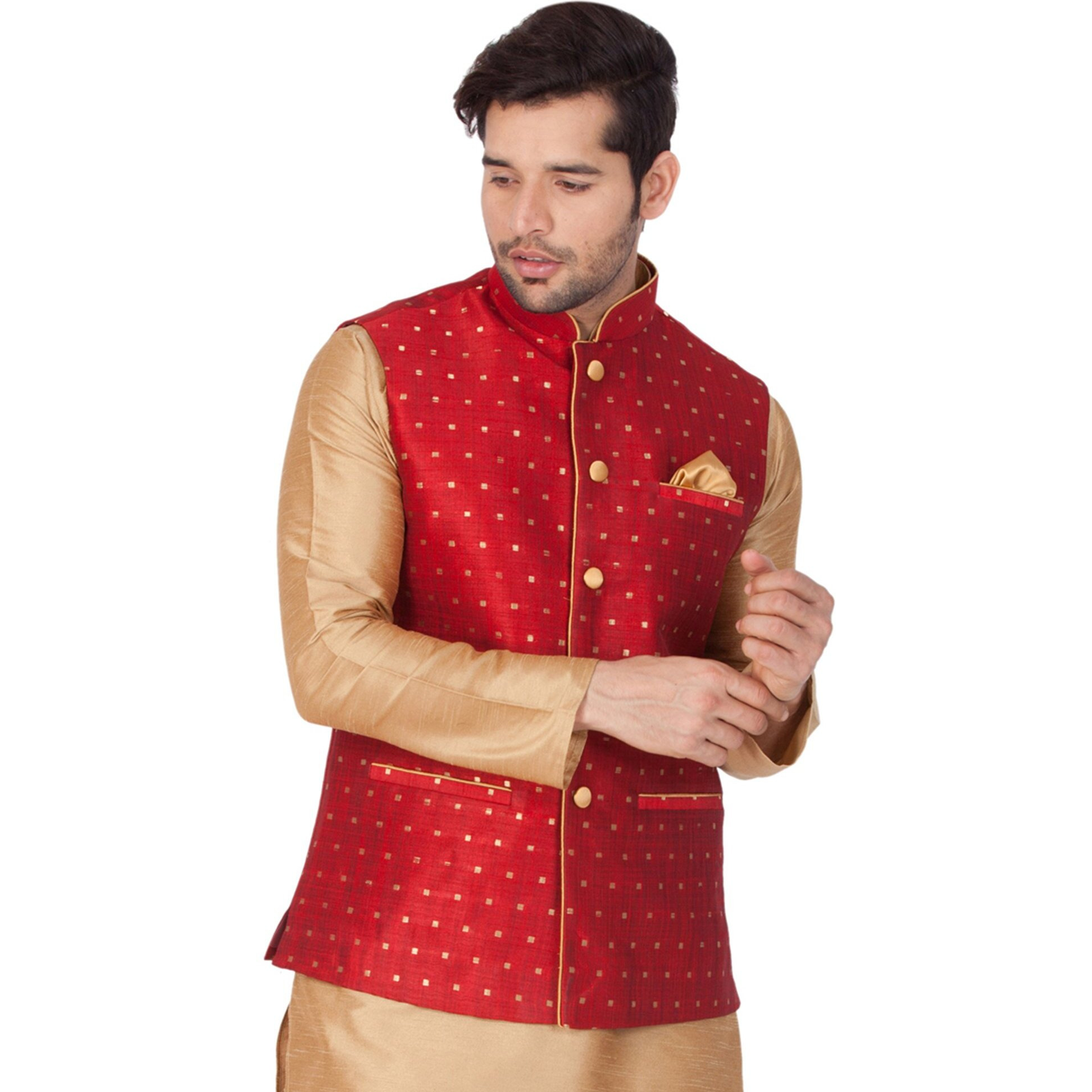 VASTRAMAY VM Mens Silk Blend Maroon Nehru Jacket - Timeless Style & Versatility | Jacquard Woven checkered Zari threads Ethnic Sleeveless Coat for Formal & Casual Wear_VASMJ009MA_44