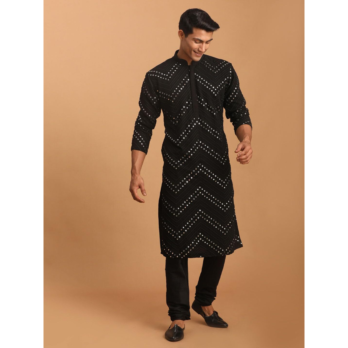 VASTRAMAY Men's Black Georgette Kurta Pyjama Set | Mirror work Black Georgette Kurta With Pyjama