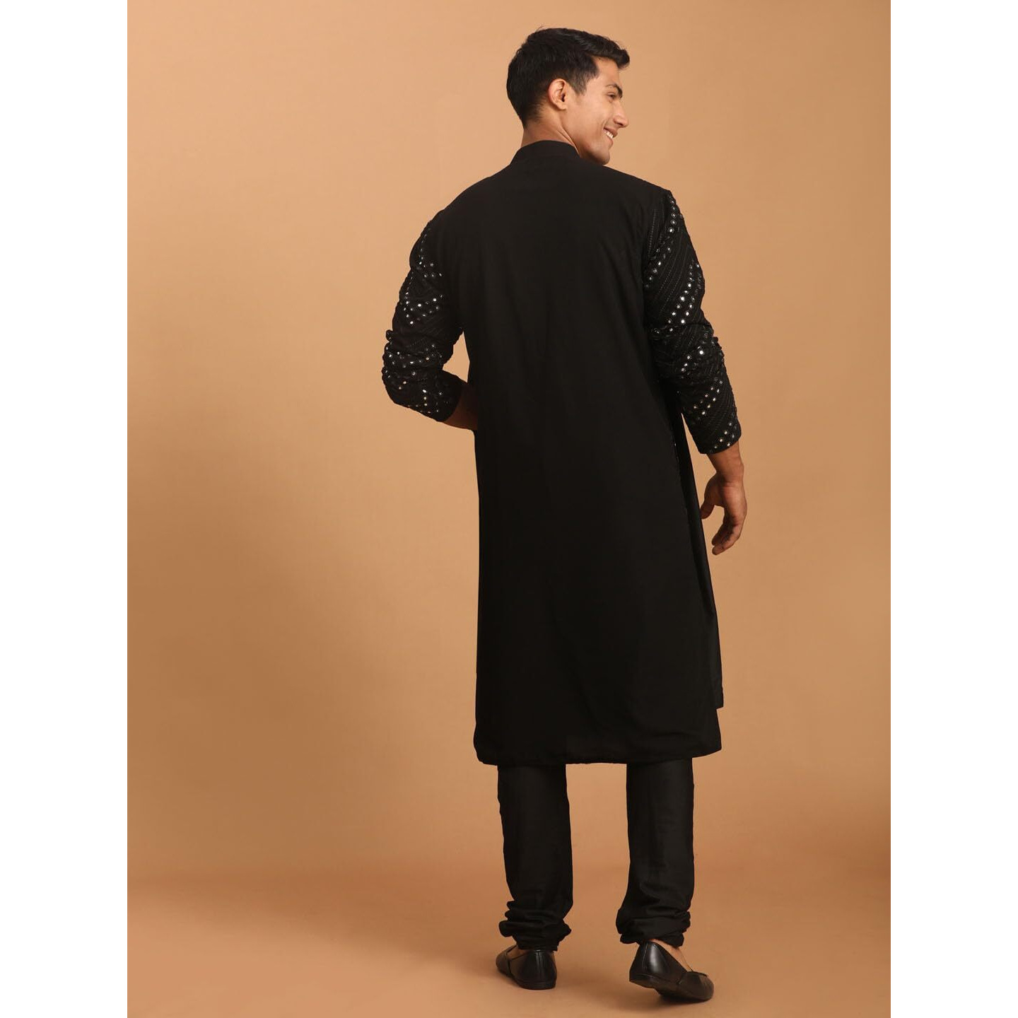 VASTRAMAY Men's Black Georgette Kurta Pyjama Set | Mirror work Black Georgette Kurta With Pyjama