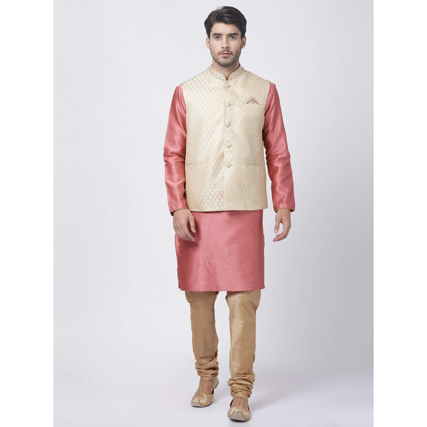 VASTRAMAY Men's Pink Cotton Silk Blend Kurta, Ethnic Jacket and Pyjama Set_VASMJ005CRnMK047PNnPRG_40