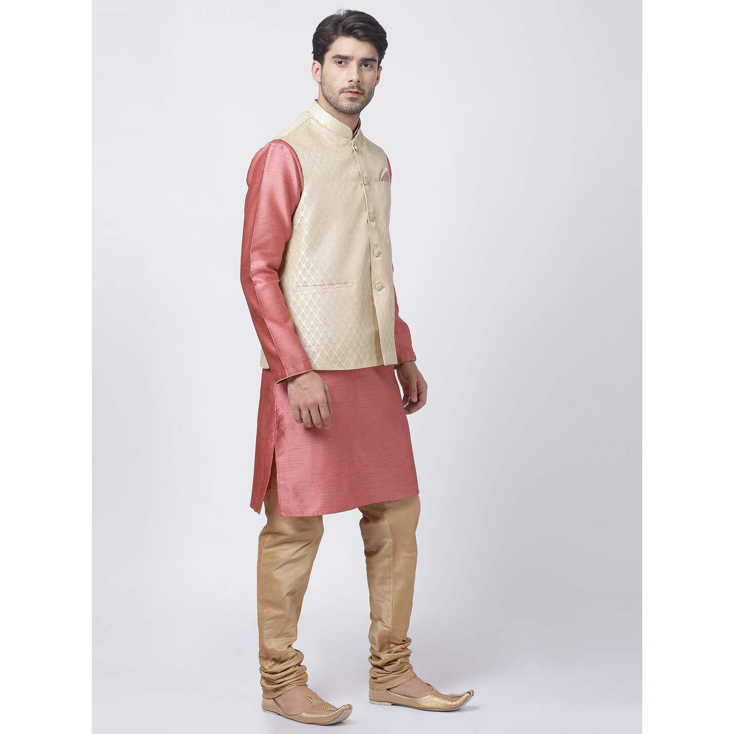VASTRAMAY Men's Pink Cotton Silk Blend Kurta, Ethnic Jacket and Pyjama Set_VASMJ005CRnMK047PNnPRG_40