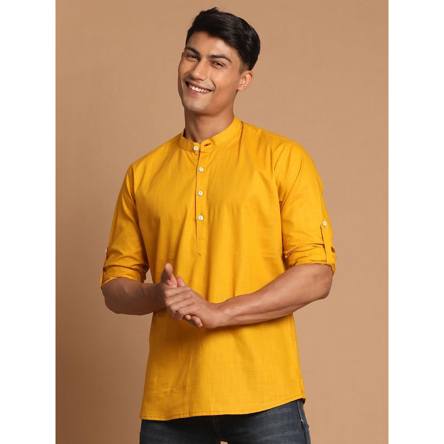 VASTRAMAY Men's Mustard Cotton Blend Short Kurta-VASMXK015MD_40