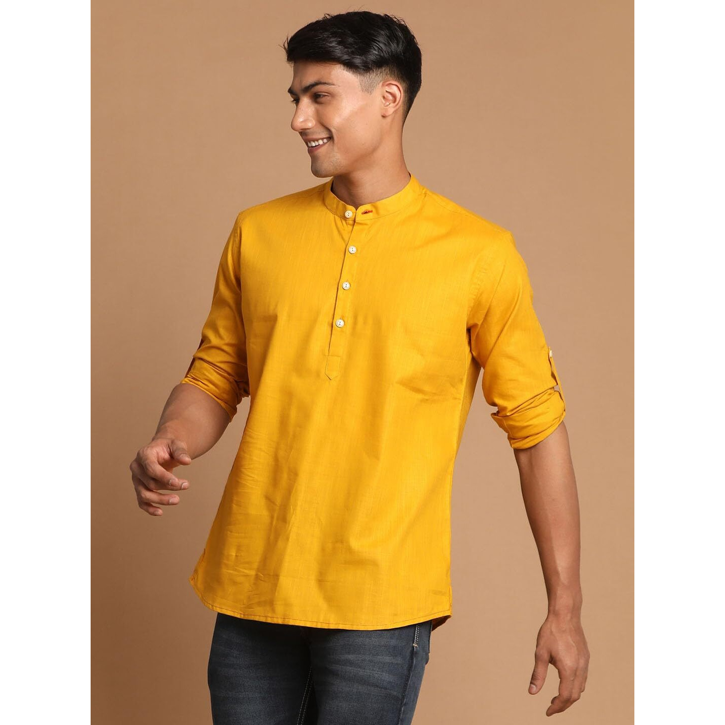 VASTRAMAY Men's Mustard Cotton Blend Short Kurta-VASMXK015MD_40
