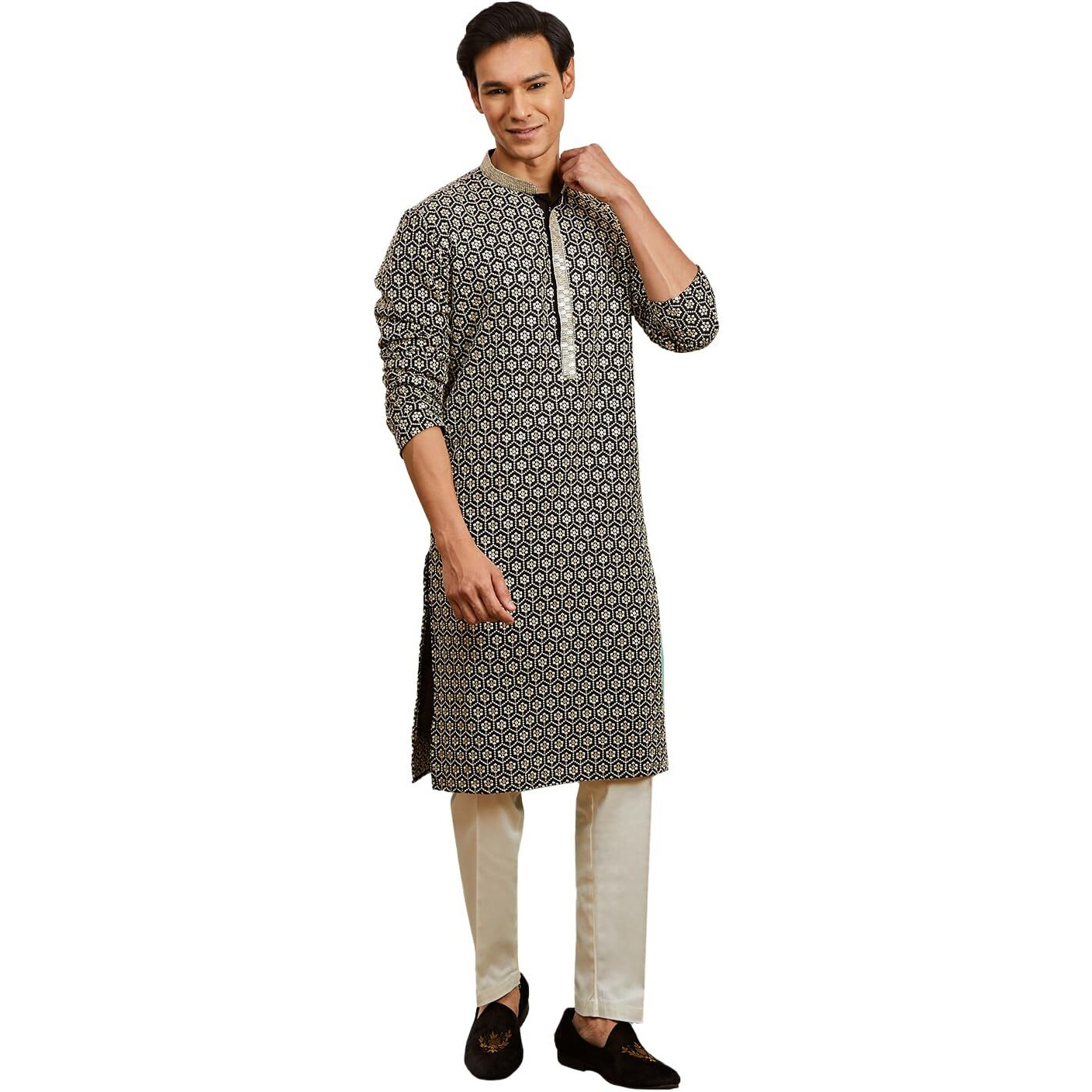 VASTRAMAY Men's Black Rayon Kurta And Pyjama Set - This men's kurta, pant set exudes elegance with its intricate design and sophisticated color palette.