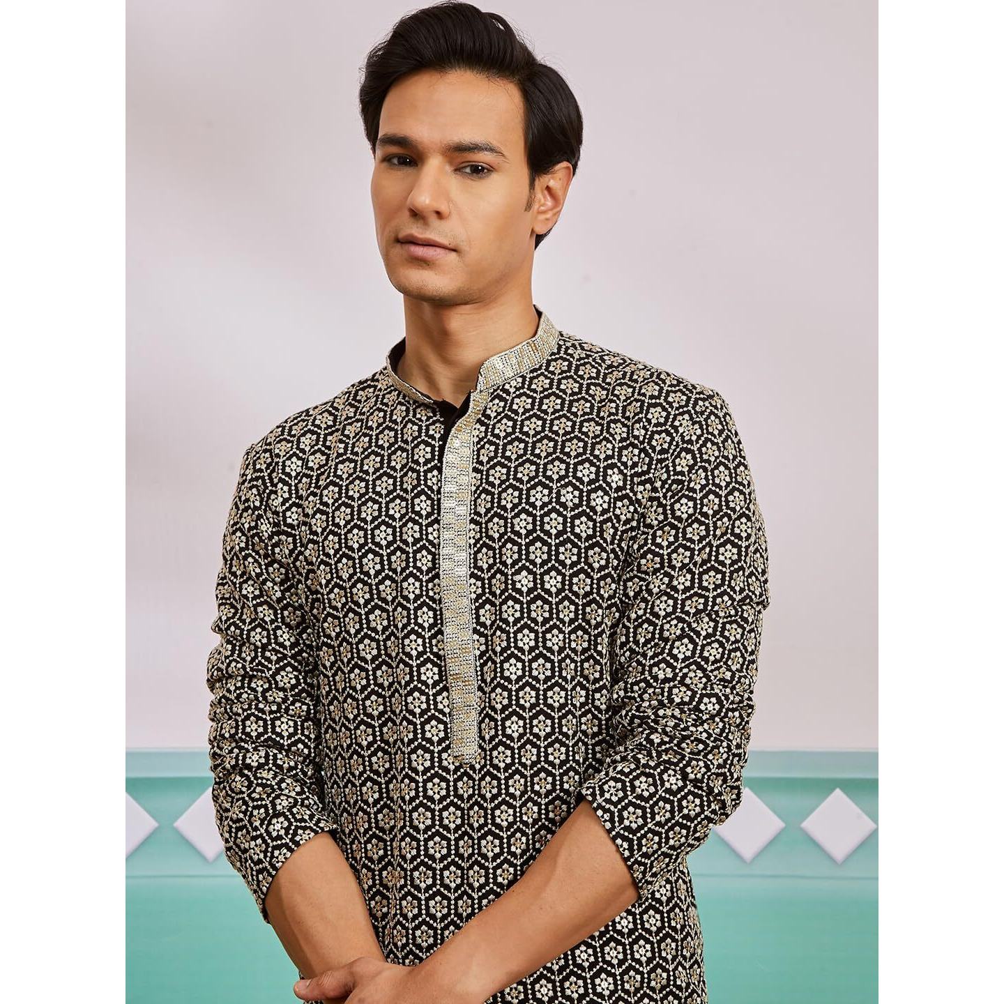 VASTRAMAY Men's Black Rayon Kurta And Pyjama Set - This men's kurta, pant set exudes elegance with its intricate design and sophisticated color palette.