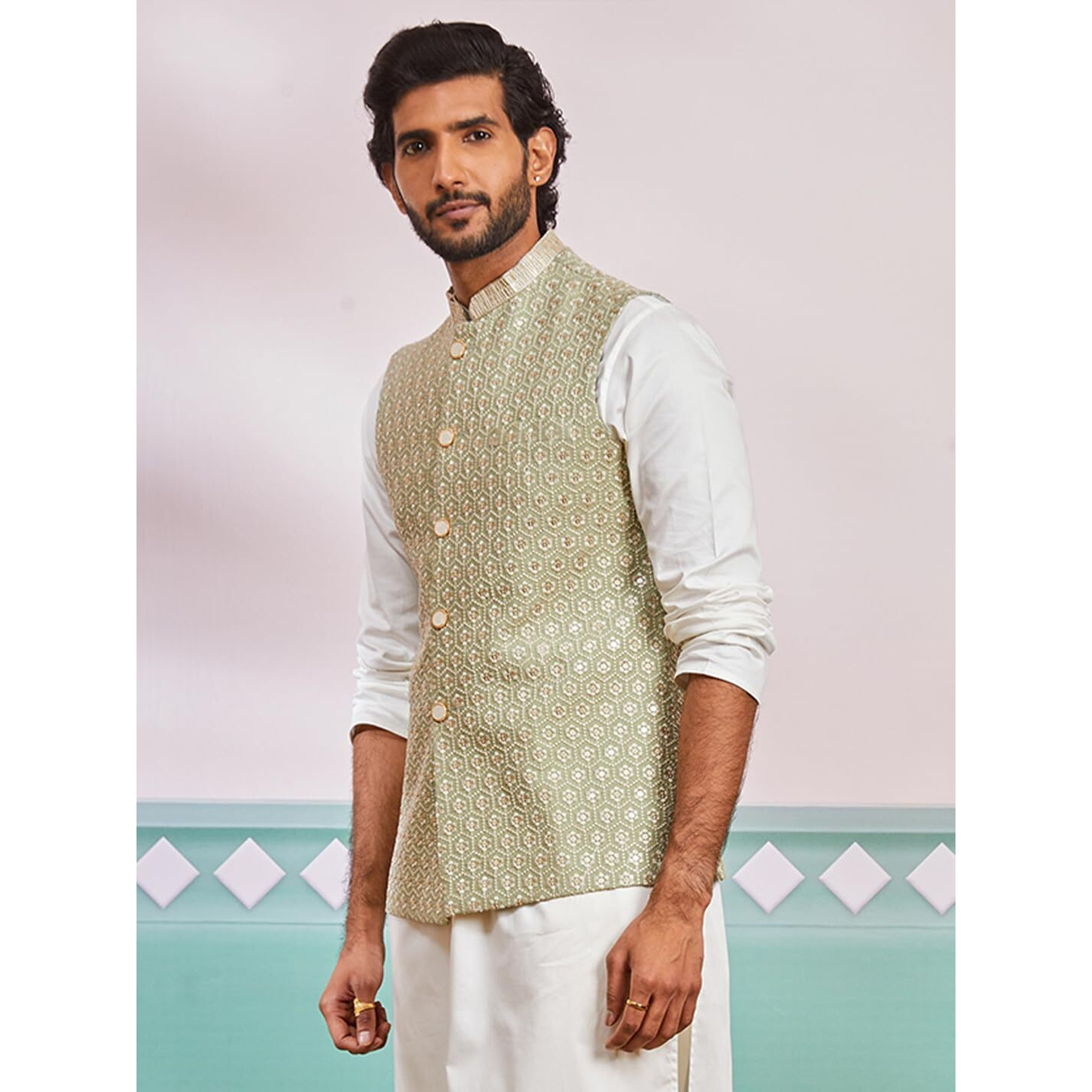 VASTRAMAY Men's Pista Green - Nehru Jacket - This men's embroidered Nehru jacket,perfect blend of elegance and tradition.