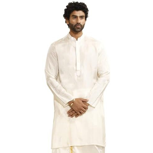 VASTRAMAY Men's Cream Tissue Silk Kurta - Solid Knee-Length, Mandrin Collar, Long Sleeves, Button Closure & Side Slits - Traditional Attire for Weddings and Festivals