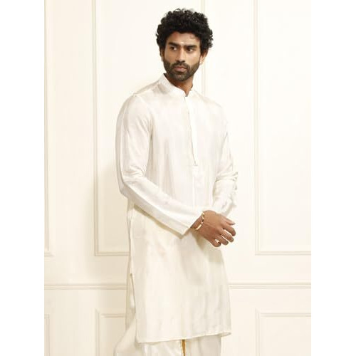VASTRAMAY Men's Cream Tissue Silk Kurta - Solid Knee-Length, Mandrin Collar, Long Sleeves, Button Closure & Side Slits - Traditional Attire for Weddings and Festivals
