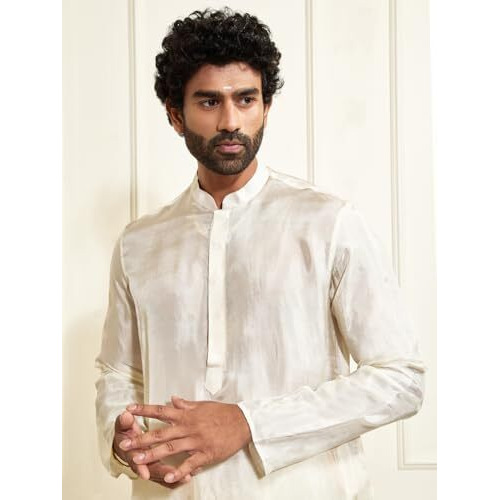 VASTRAMAY Men's Cream Tissue Silk Kurta - Solid Knee-Length, Mandrin Collar, Long Sleeves, Button Closure & Side Slits - Traditional Attire for Weddings and Festivals