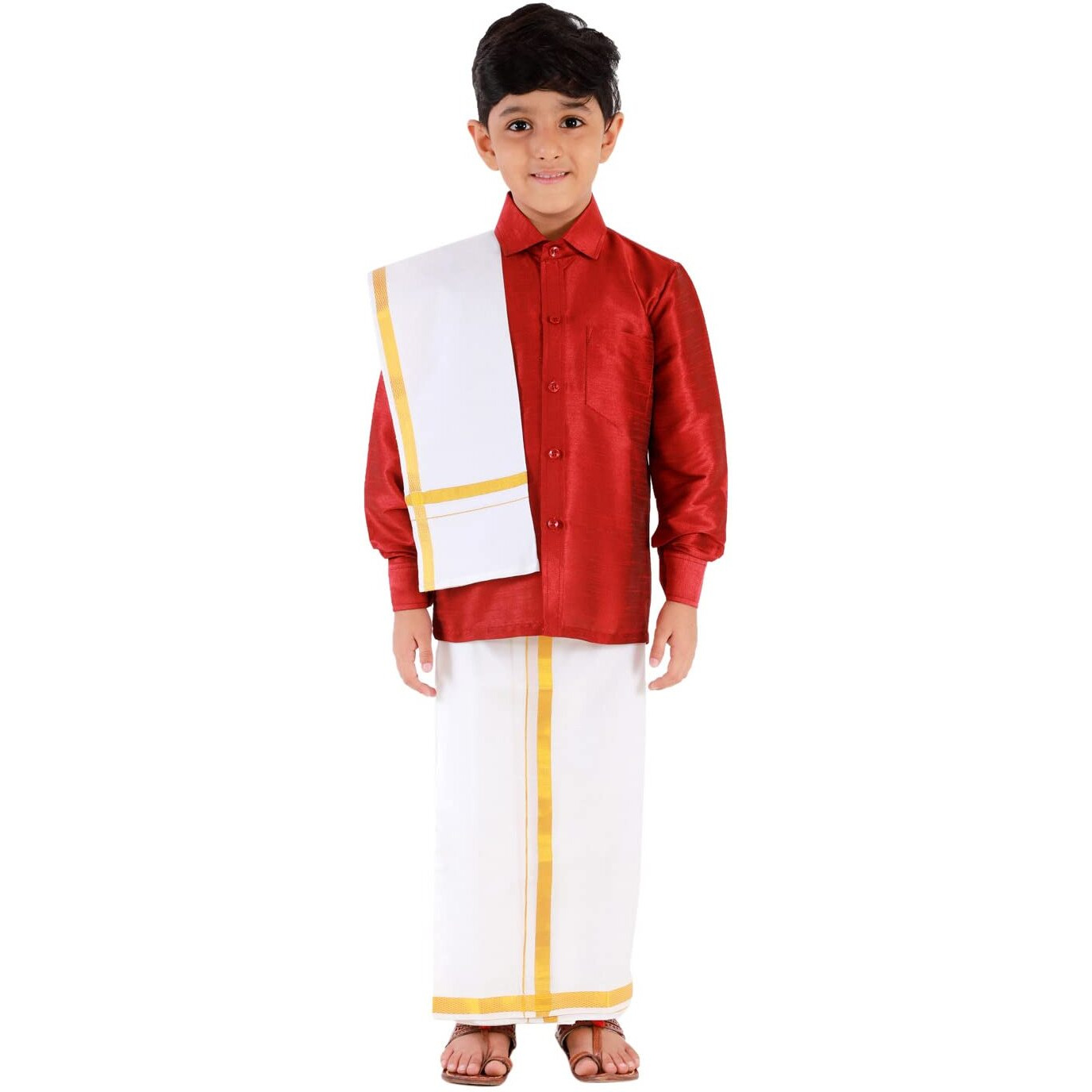 JBN Creation Boys' Maroon and White Silk Blend Shirt Mundu and Dupatta_VASBSH002MAnBMU001nD_30