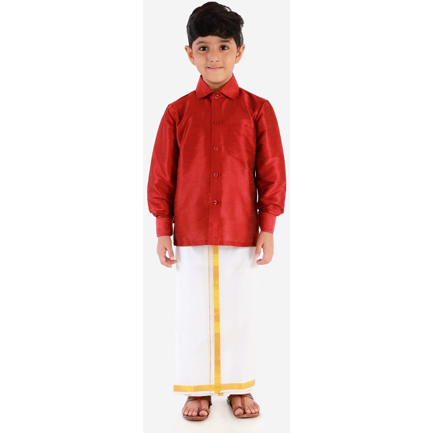 JBN Creation Boys' Maroon and White Silk Blend Shirt Mundu and Dupatta_VASBSH002MAnBMU001nD_30