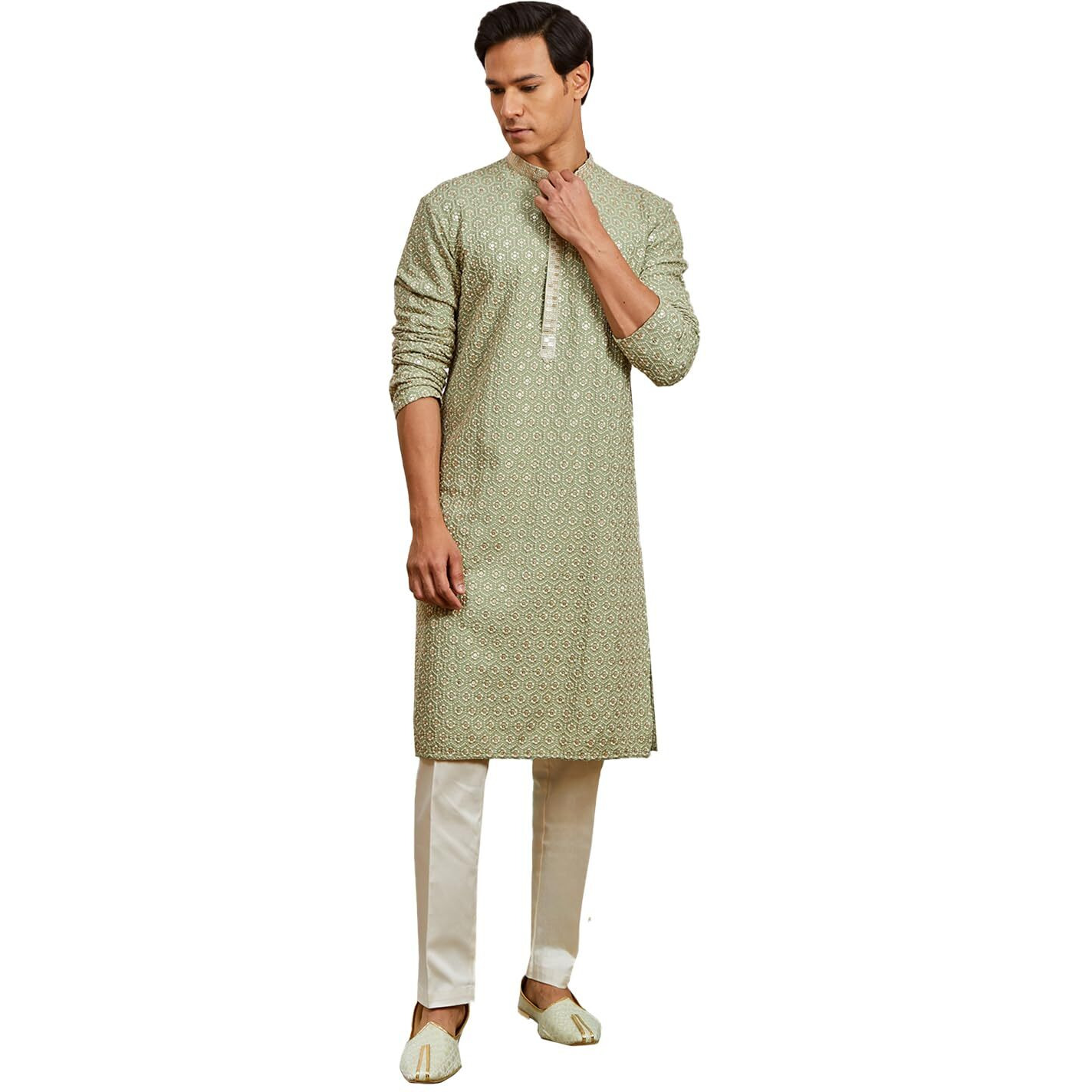VASTRAMAY Men's Pista Green Rayon Kurta And Pyjama Set - This men's kurta, pant set exudes elegance with its intricate design and sophisticated color palette.