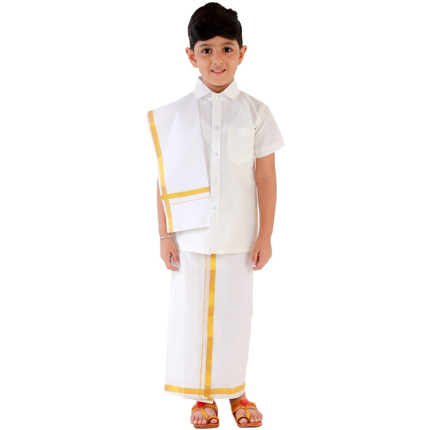 JBN Creation Boys' White Silk Blend Shirt Mundu and Dupatta_VASBSH001WHnBMU001nD_22
