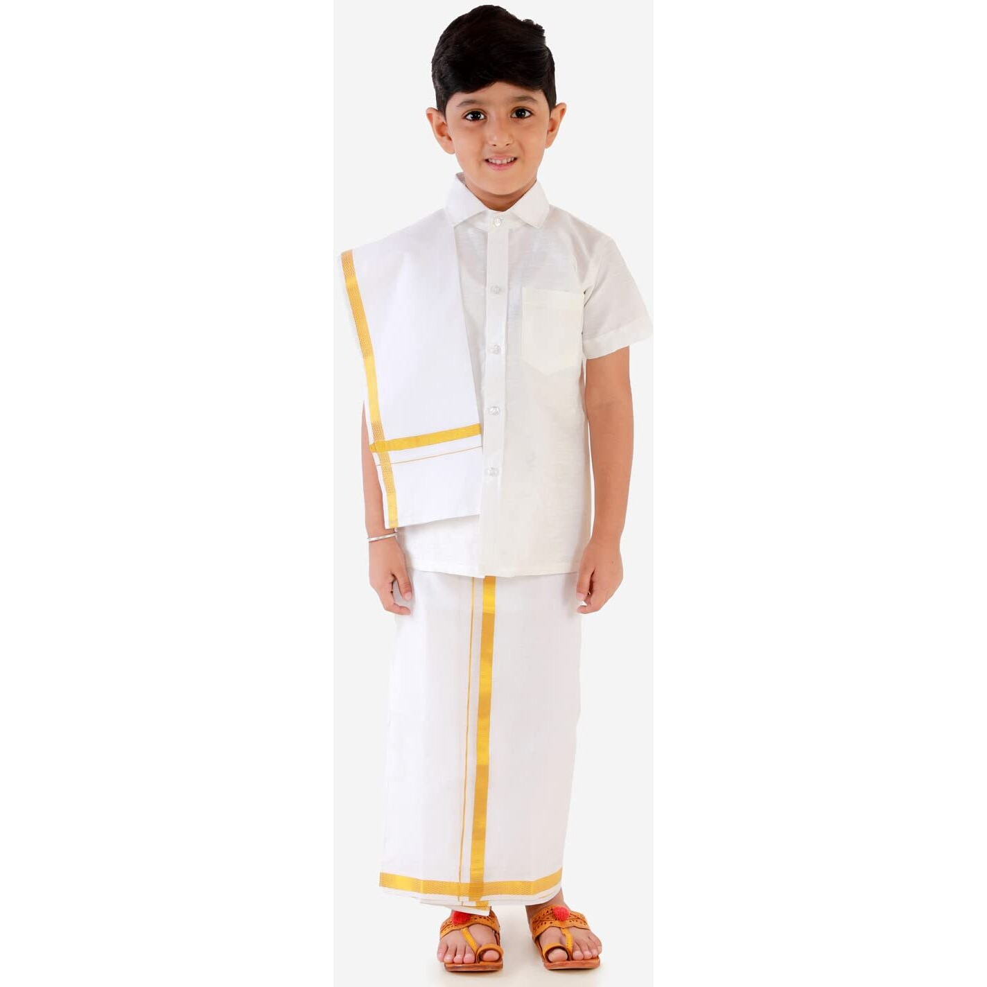 JBN Creation Boys' White Silk Blend Shirt Mundu and Dupatta_VASBSH001WHnBMU001nD_22