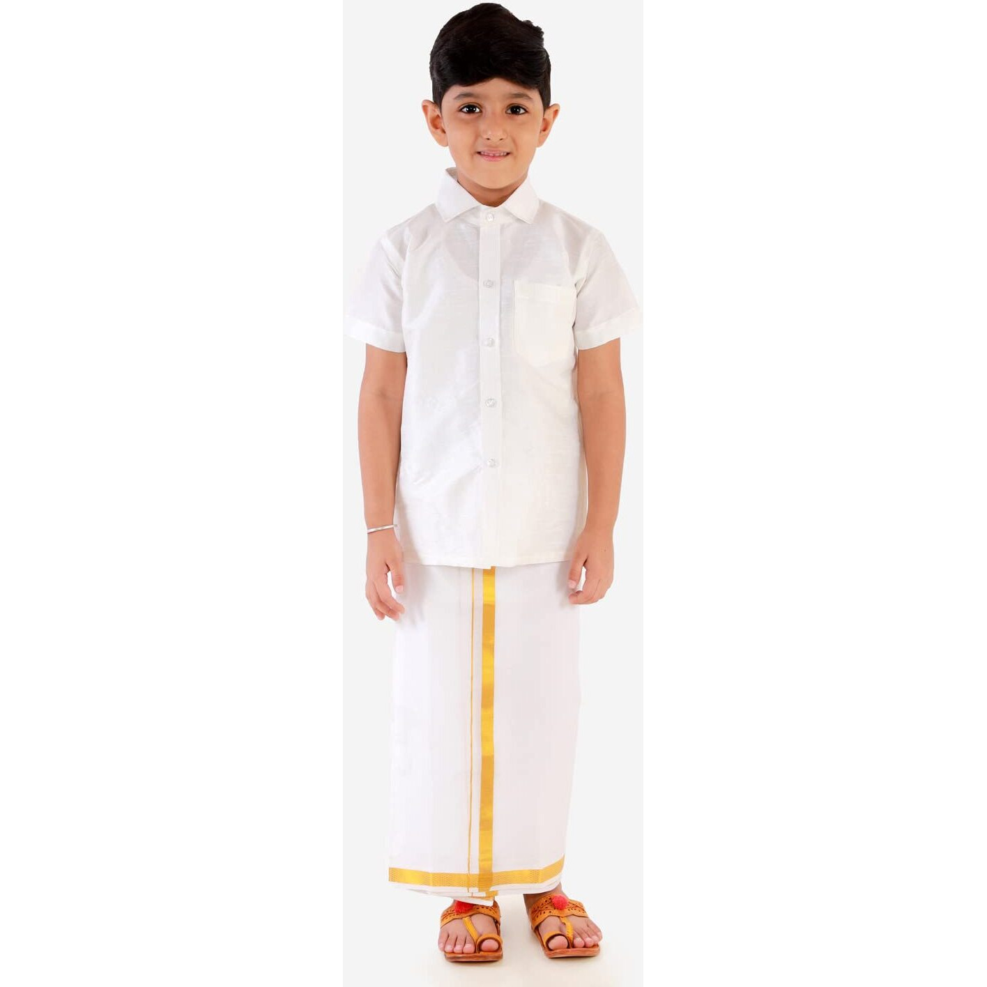 JBN Creation Boys' White Silk Blend Shirt Mundu and Dupatta_VASBSH001WHnBMU001nD_22