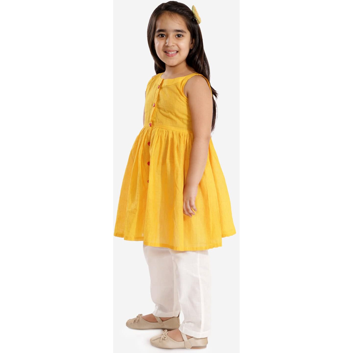 VASTRAMAY Boys' Yellow and White Pure Cotton Kurta Pyjama Set & Girls' Handloom Cotton Kurta And Straight Pant Set[Boy's (9-10 Years) / Girl's (4-5 Years)]