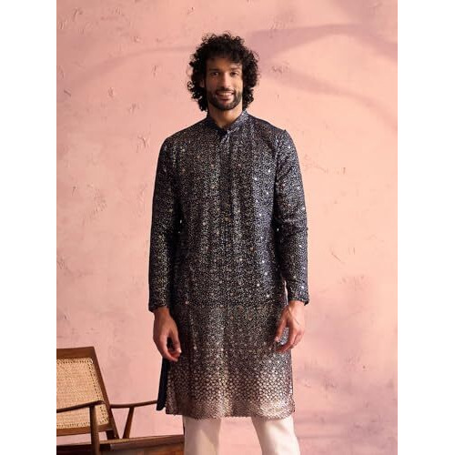 VASTRAMAY Men's Navy Blue Georgette Kurta_VSHRMK229NB_38