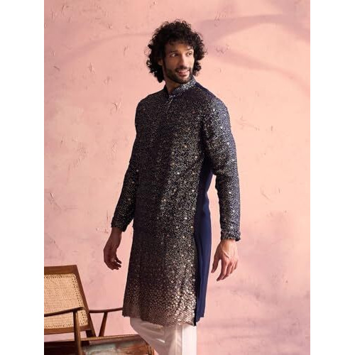 VASTRAMAY Men's Navy Blue Georgette Kurta_VSHRMK229NB_38