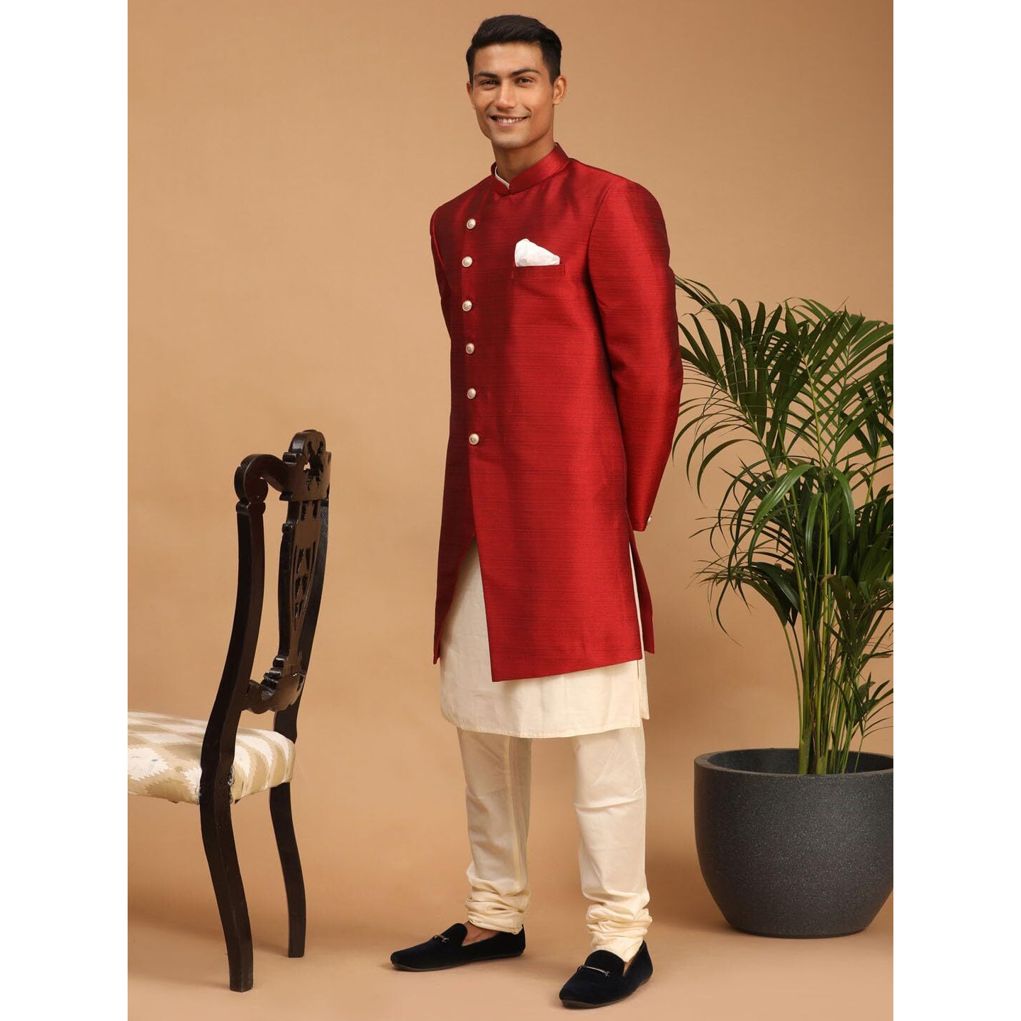 VASTRAMAY Men's Cream And Maroon Viscose Ethnic Combo Set_VASMCO007MA_40