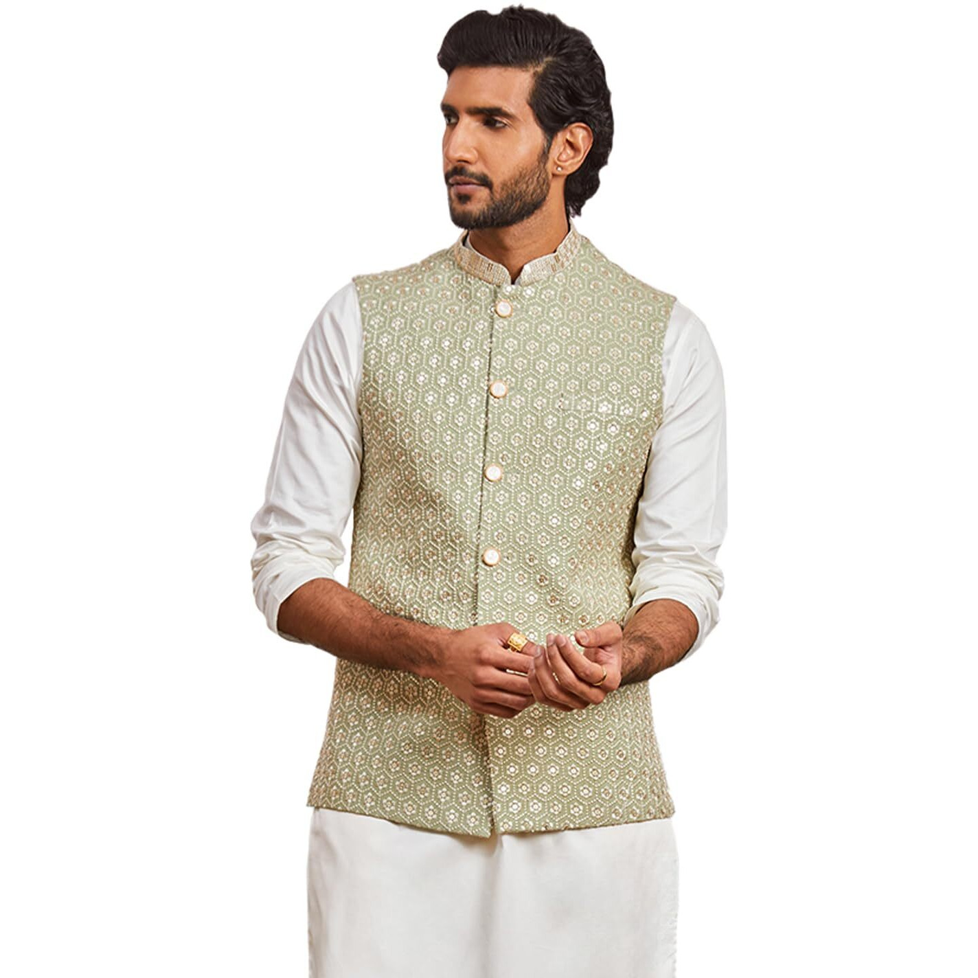 VASTRAMAY Men's Pista Green - Nehru Jacket - This men's embroidered Nehru jacket,perfect blend of elegance and tradition.