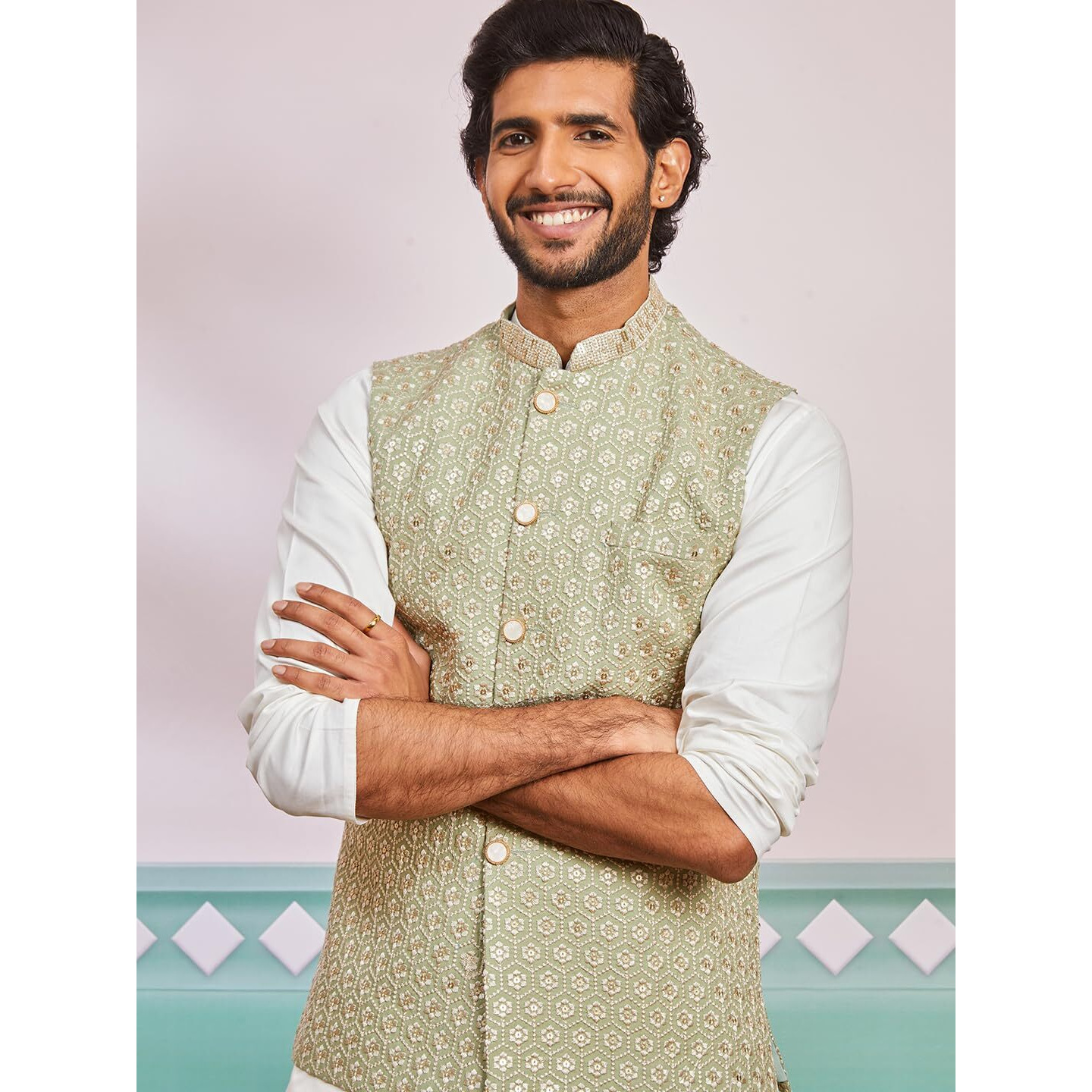 VASTRAMAY Men's Pista Green - Nehru Jacket - This men's embroidered Nehru jacket,perfect blend of elegance and tradition.