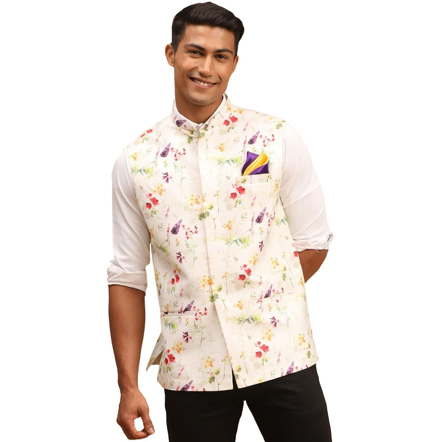 VASTRAMAY Men's Cream Floral Nehru Jacket_VASMJ089CR_40