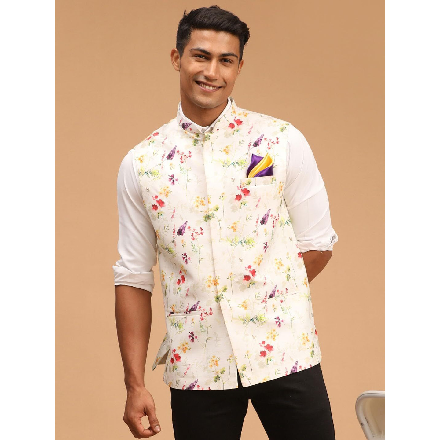 VASTRAMAY Men's Cream Floral Nehru Jacket_VASMJ089CR_40