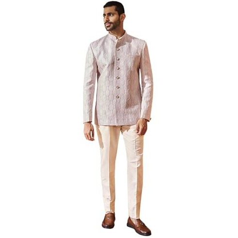 VASTRAMAY Men's Purple Silk Blend Jodhpuri,Pyjama Set - Silk Blend Jacqard Jodhpuri And Pyjama Set