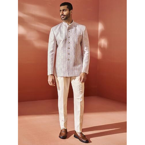 VASTRAMAY Men's Purple Silk Blend Jodhpuri,Pyjama Set - Silk Blend Jacqard Jodhpuri And Pyjama Set
